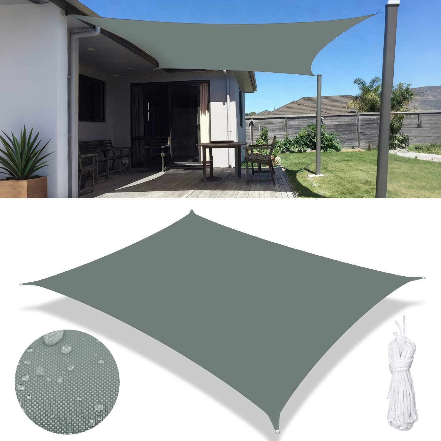 CkeyiN Pro Sonnensegel Wasserdicht,Rechteckig&Dreieckig,Sonnenschutz,Reißfest,95% UV Schutz, (Windschutz,Erhältlich in 3 Größen,Stabil Schattenspender), für Balkon Terrasse Garten