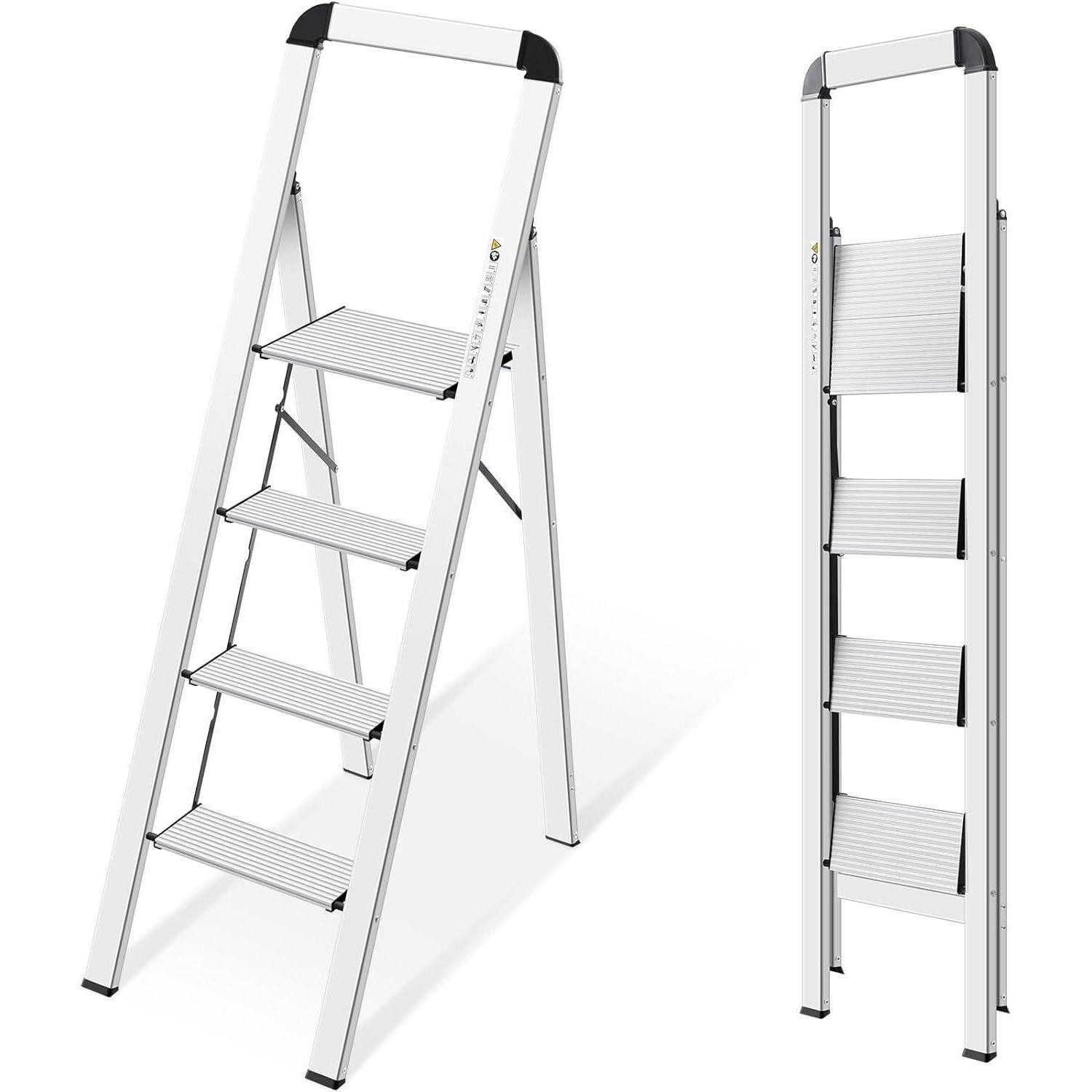 Trittleiter Leiter Aluminium 4 Stufen klappbar Handlauf 150 kg Silber 4 Stufen
