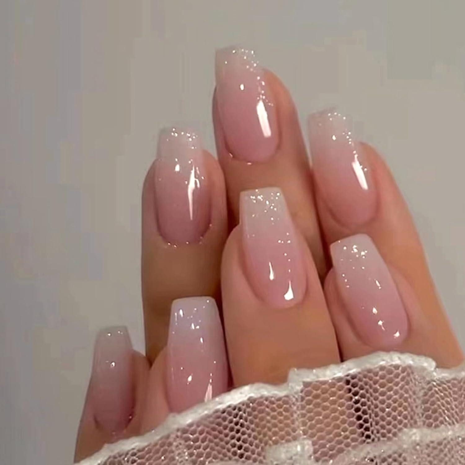 LuxusKollektion Kunstfingernägel 24 Nägel Aufkleben Kurze French Nails Rosa Ballerina Acryl Full Cover