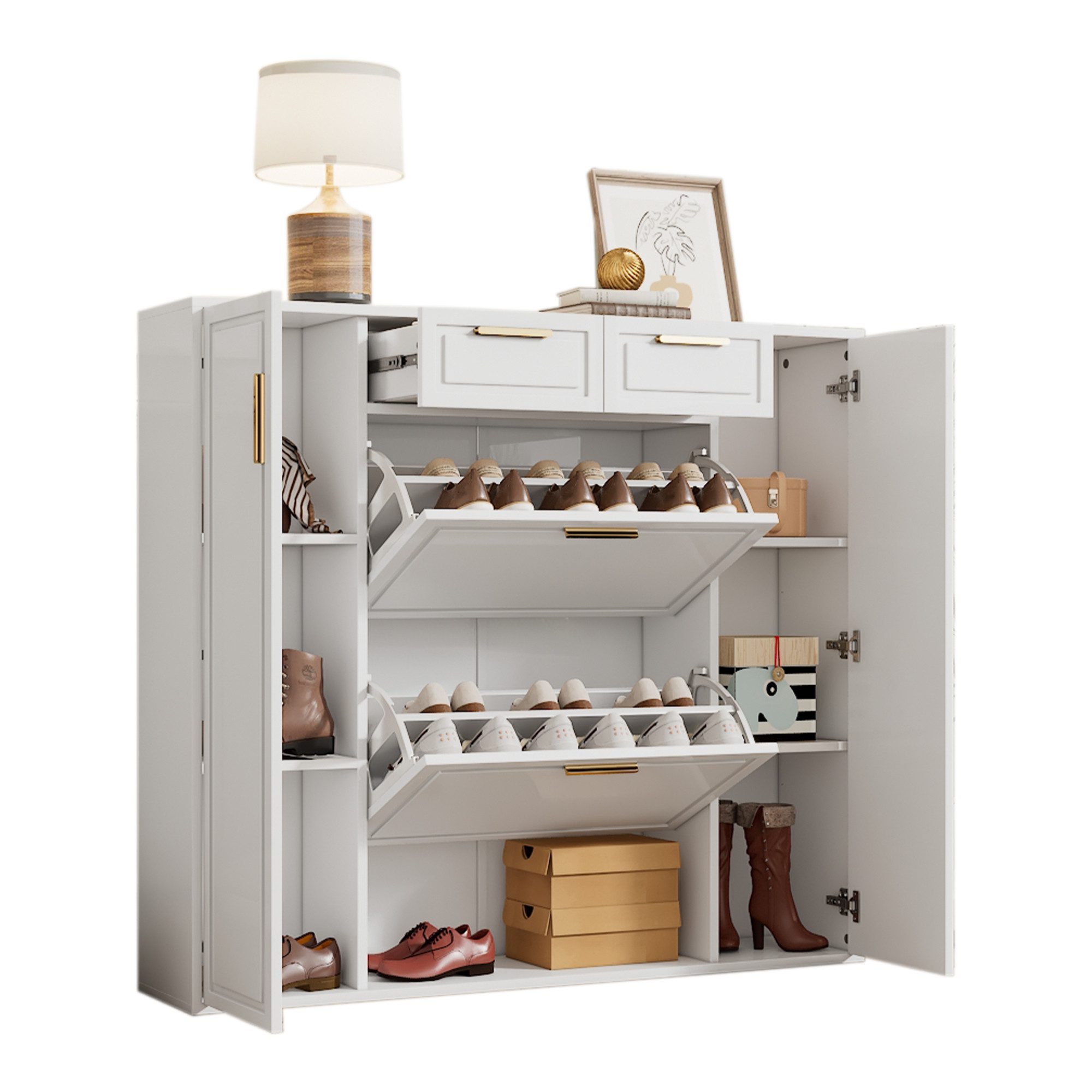 Refined Living Schuhschrank Moderne Schuhkommode mit verstellbaren Regalen, 2 Schubladen & 2 Türen (weiß, B120/D24/H107 CM, Schuhregal, Flurschrank, Schuhaufbewahrung, Schuhkipper, Schuhschrank platzsparend, Schuhschrank Flur, Schuhschrank Holz, schmaler Schuhschrank, Klappschuhschrank, stabile Metallgriffe in Gold, elegantes Design, 1-St., Flexible Aufbewahrung, Vielseitiger Stauraum, Mit Kippsicherung) für Flur,Wohnzimmer,Eingangsbereich,Wohnung,Schlafzimmer,Büro
