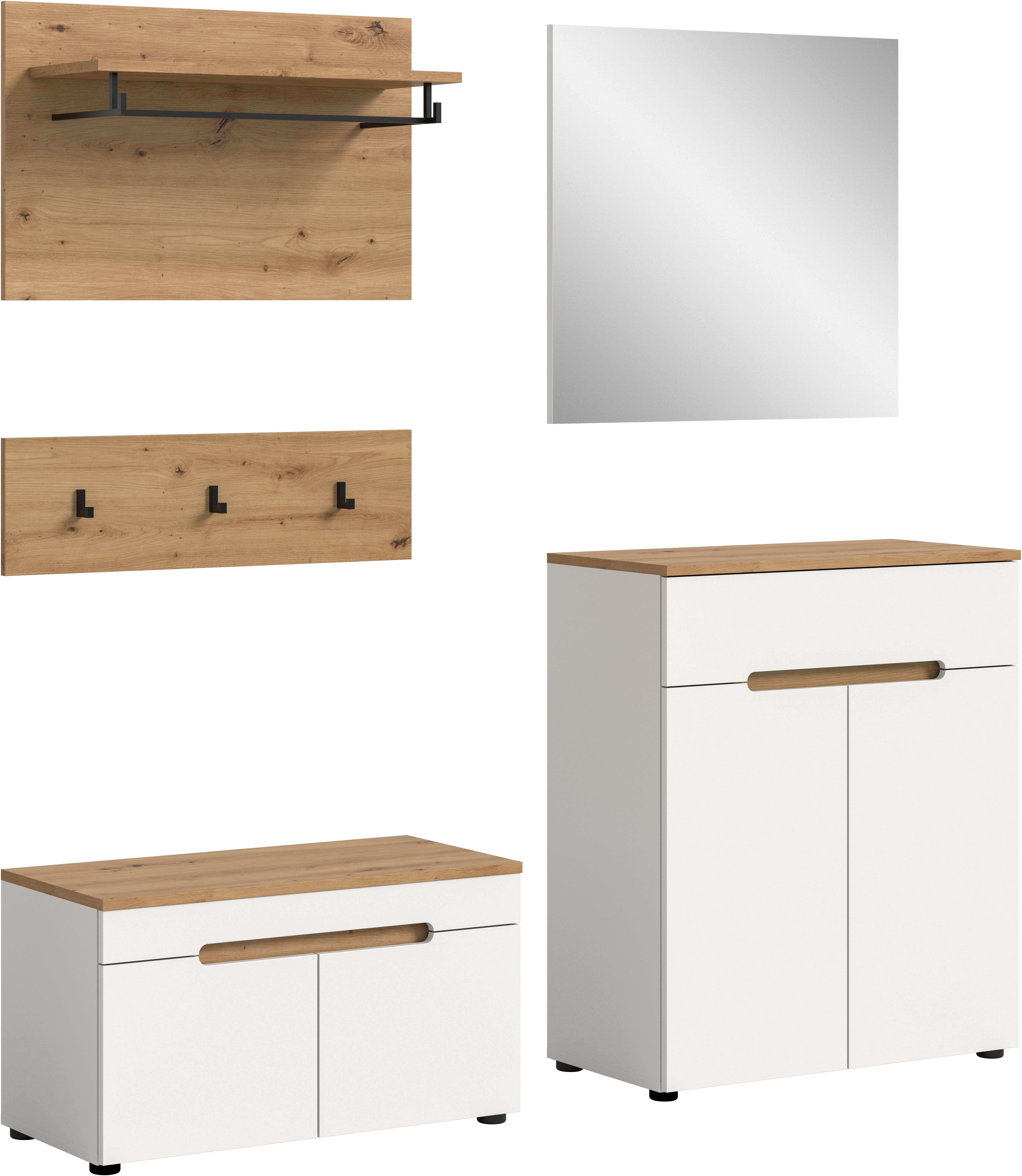 Home affaire Garderoben-Set REHAT, TOPSELLER!, 5-teilig, Breite 175cm, individuell stellbar, (Set, 4-St., bestehend aus: Sitzbank, Paneel, Hakenleiste, Spiegel, Kommode), Garderobenkombination, Kombination, Set, Flurgarderobe, Diele
