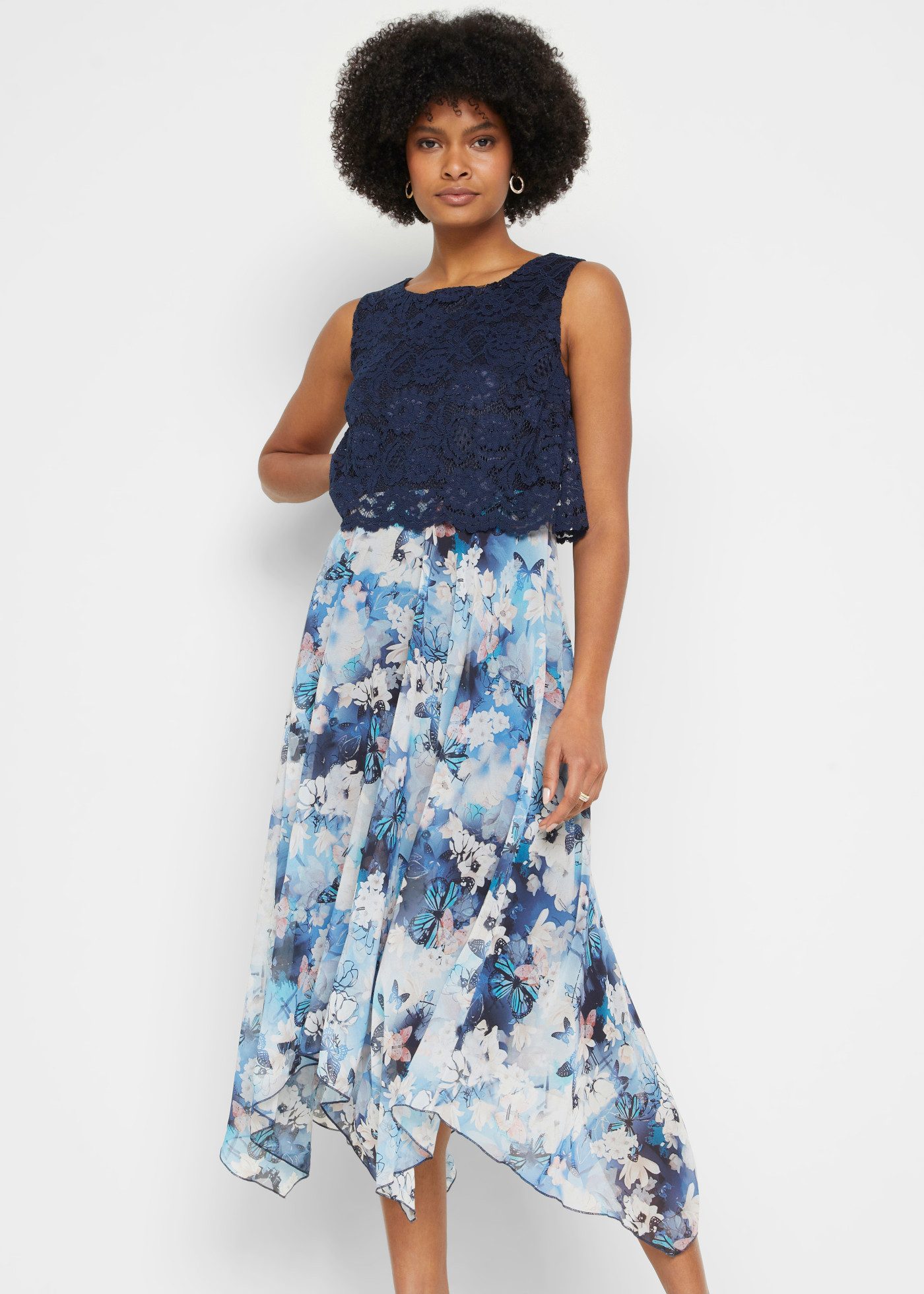 bonprix Chiffonkleid aus Chiffon, mit Spitze im Oberteil, Slim Fit, ärmellos