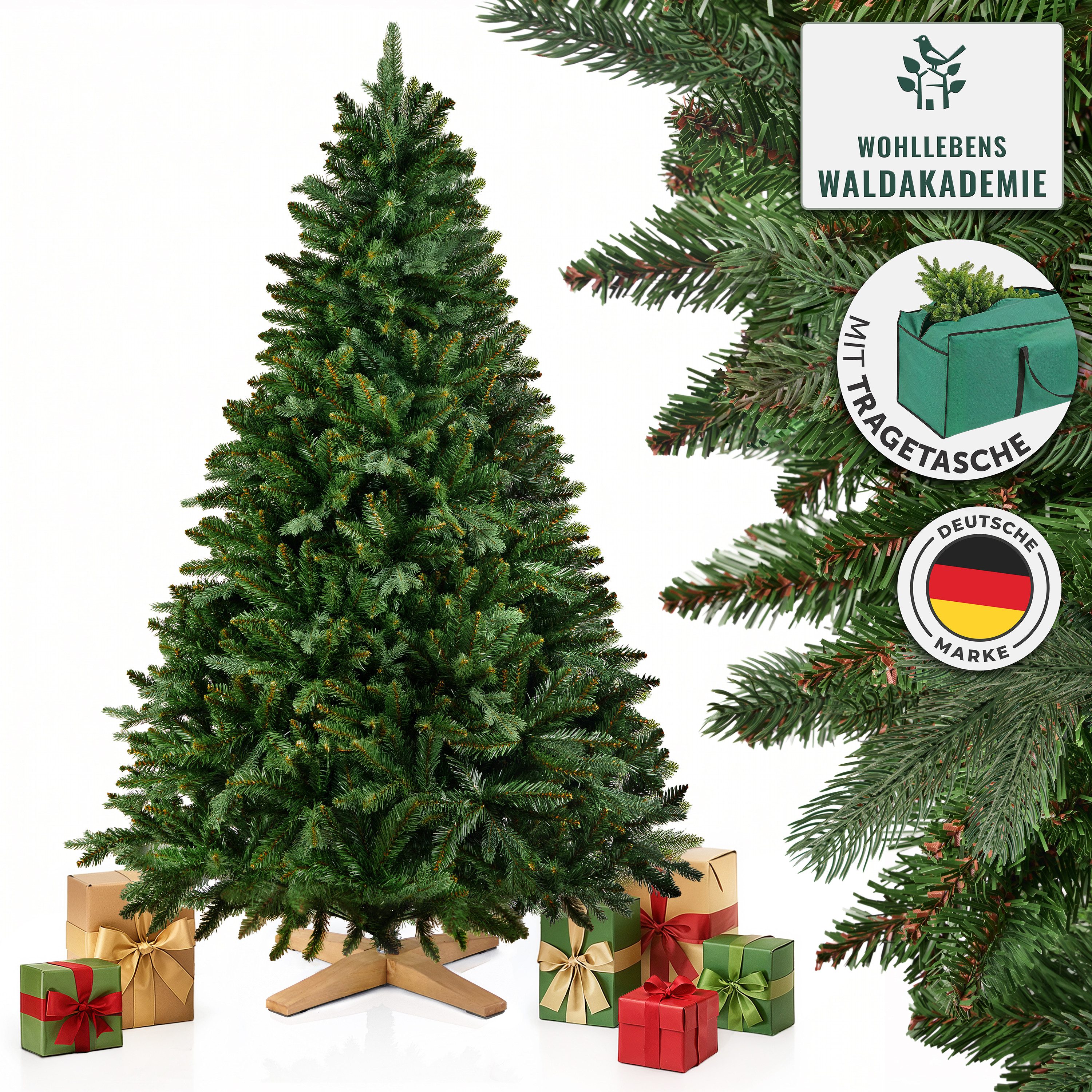 MERRY TREE Künstlicher Weihnachtsbaum Premium künstlicher Weihnachtsbaum aus naturgetreuem PVC + PE, Nordmanntanne, Spritzguss Mix mit Holzfuß