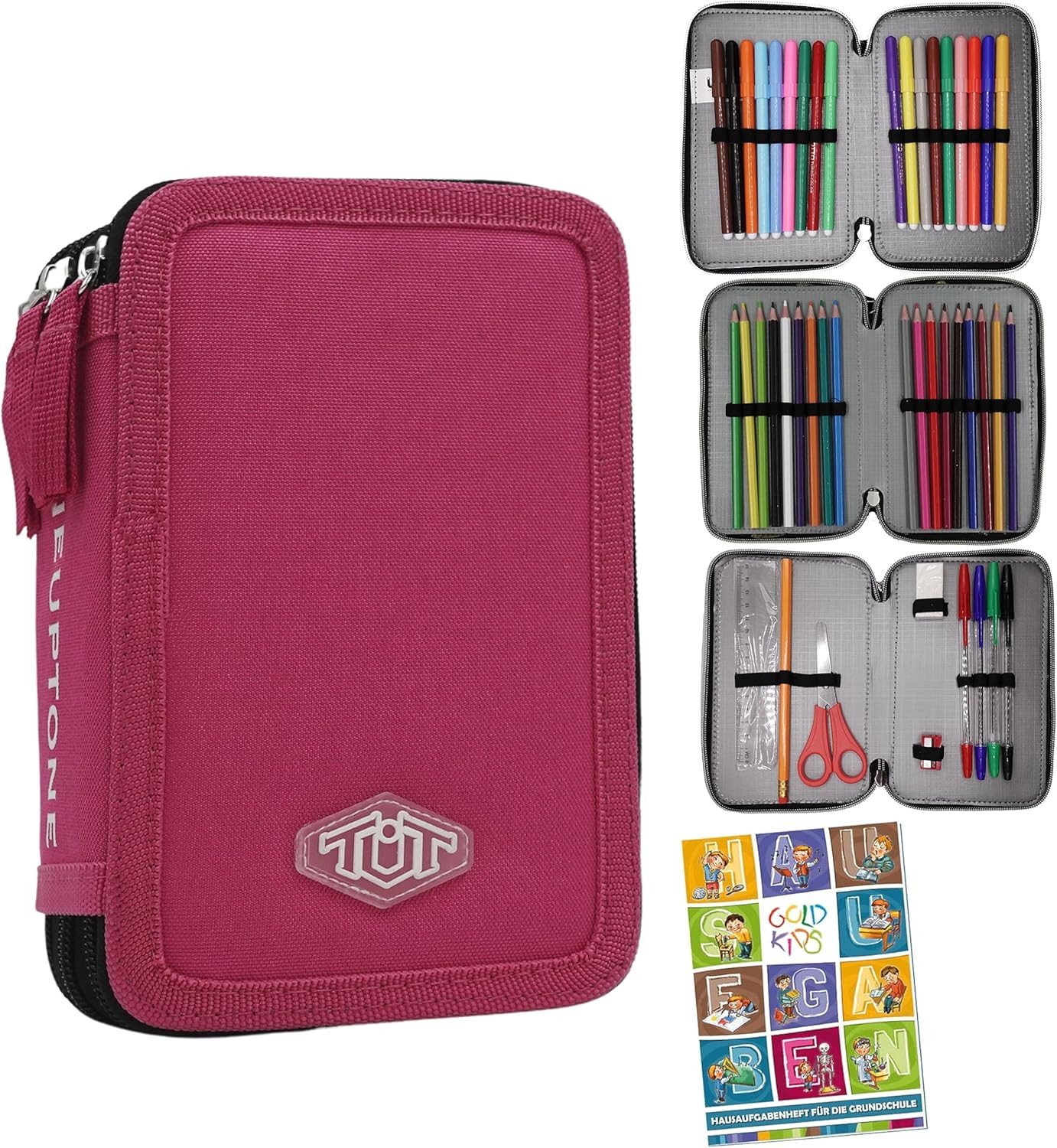 GOLDKIDS Federmäppchen Federmappe Federtasche XXL Schüleretui, (Federtasche Federpenal Schulmäppchen, 1-tlg., ToneUpTone rosa 3 Fächer 45-teilig), gefüllt inkl Hausaufgabenheft