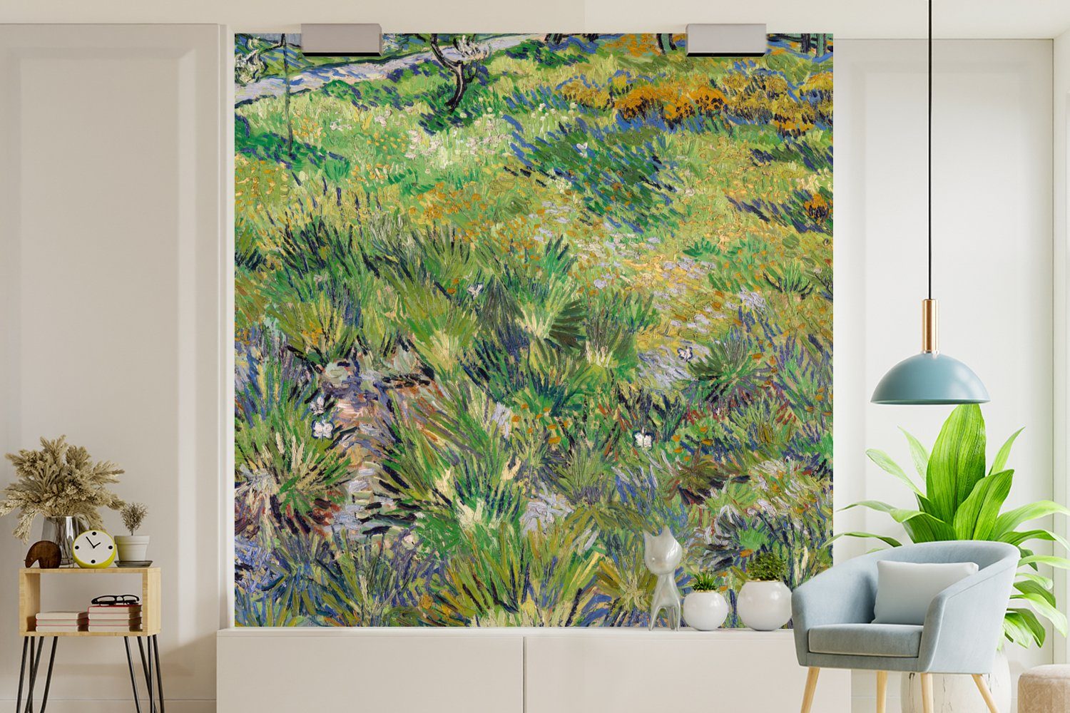 MuchoWow Fototapete Langes Gras mit für Fototapete Schlafzimmer - Vliestapete Wohnzimmer Vincent (4 Schmetterlingen van Küche, bedruckt, Gogh, Matt, St)