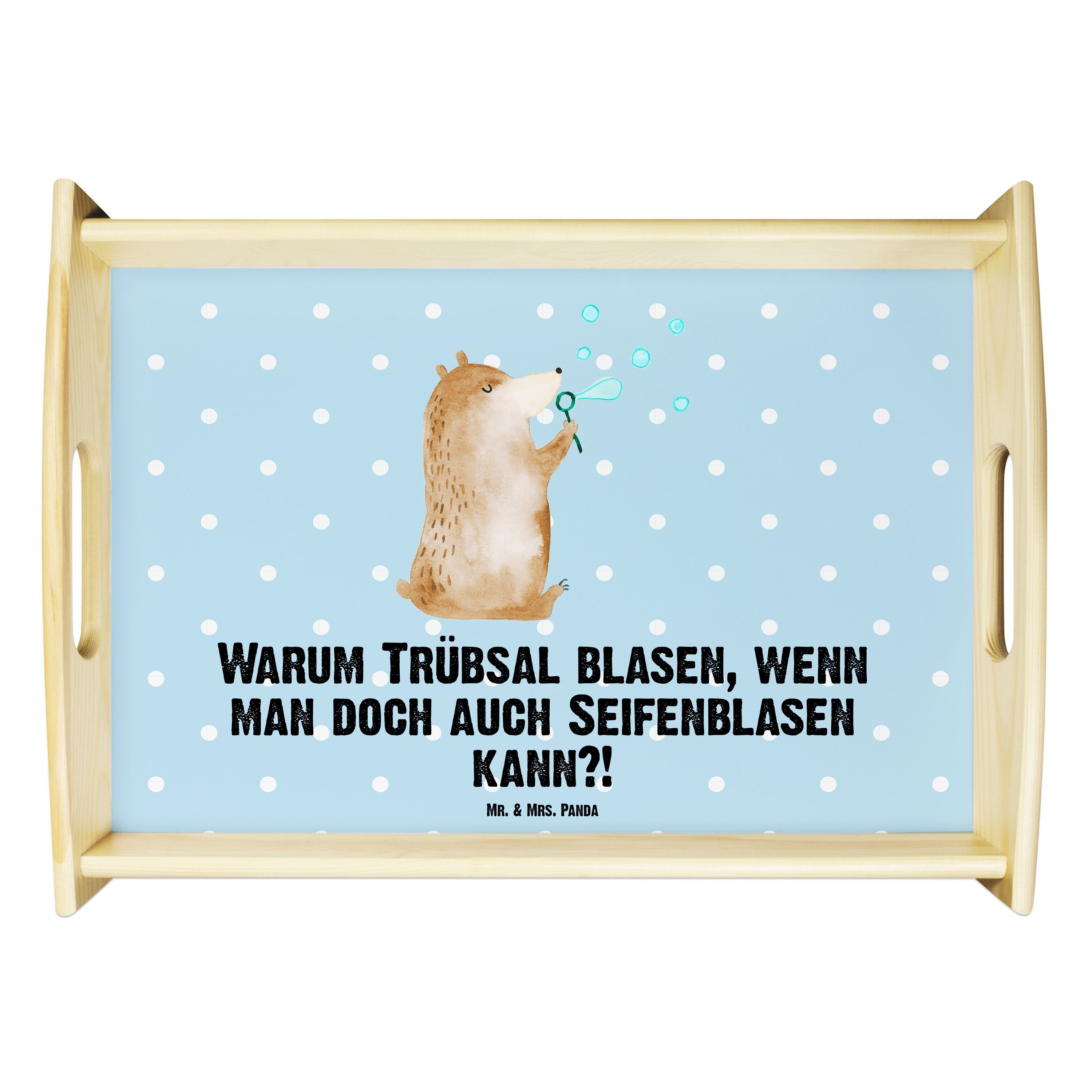 Mr. & Mrs. Panda Tablett Bär Seifenblasen - Blau Pastell - Geschenk, Teddy, Frühstückstablett, Echtholz lasiert, (1-tlg)