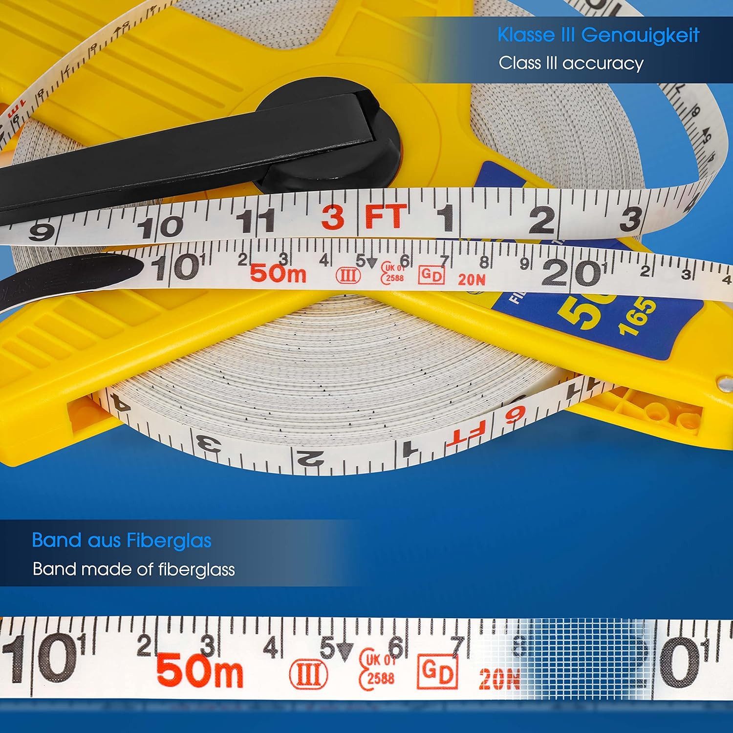 S&R Maßband Fiberglas 50 METER / 165 Ft (Zoll) Beidseitig markiert, Breite 13 mm, mit Metallring und Zentrierspitze und Kurbel zum ein- und ausrollen