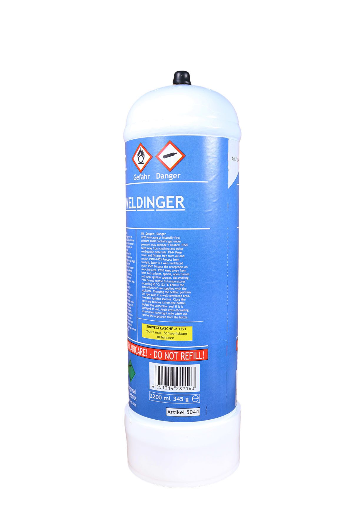 WELDINGER Gas 2 Liter Sauerstoff Einwegflasche M12x1 rechts 110 bar für Lötfreund