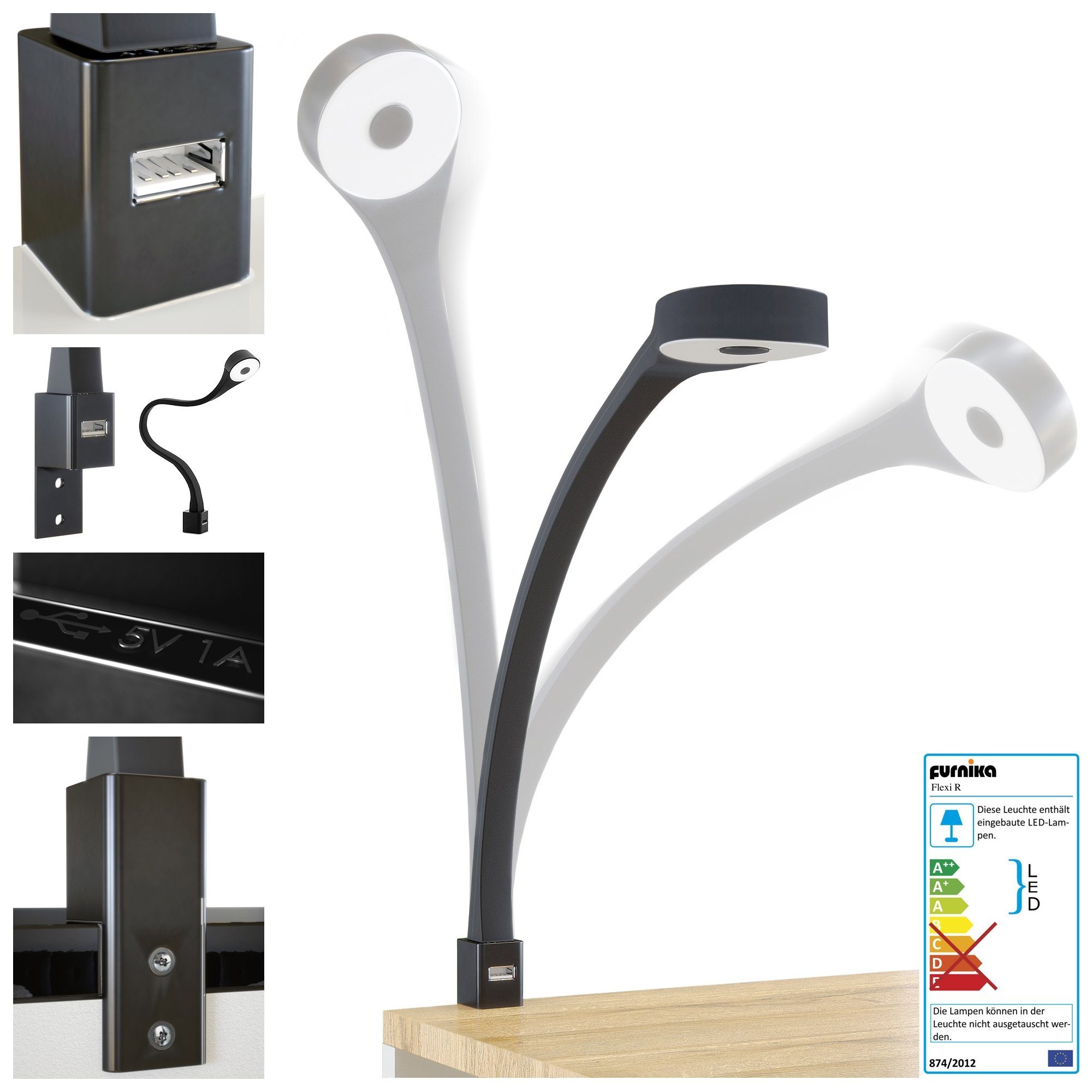 Vladon Nachttisch Queens (Nachttischschrank mit 2 Schubladen, und 1 seitlichem Fach zur Wandmontage), Schwarz matt/Brombeer Hochglanz inkl. LED Flexi Lampe (60x63x36 cm)