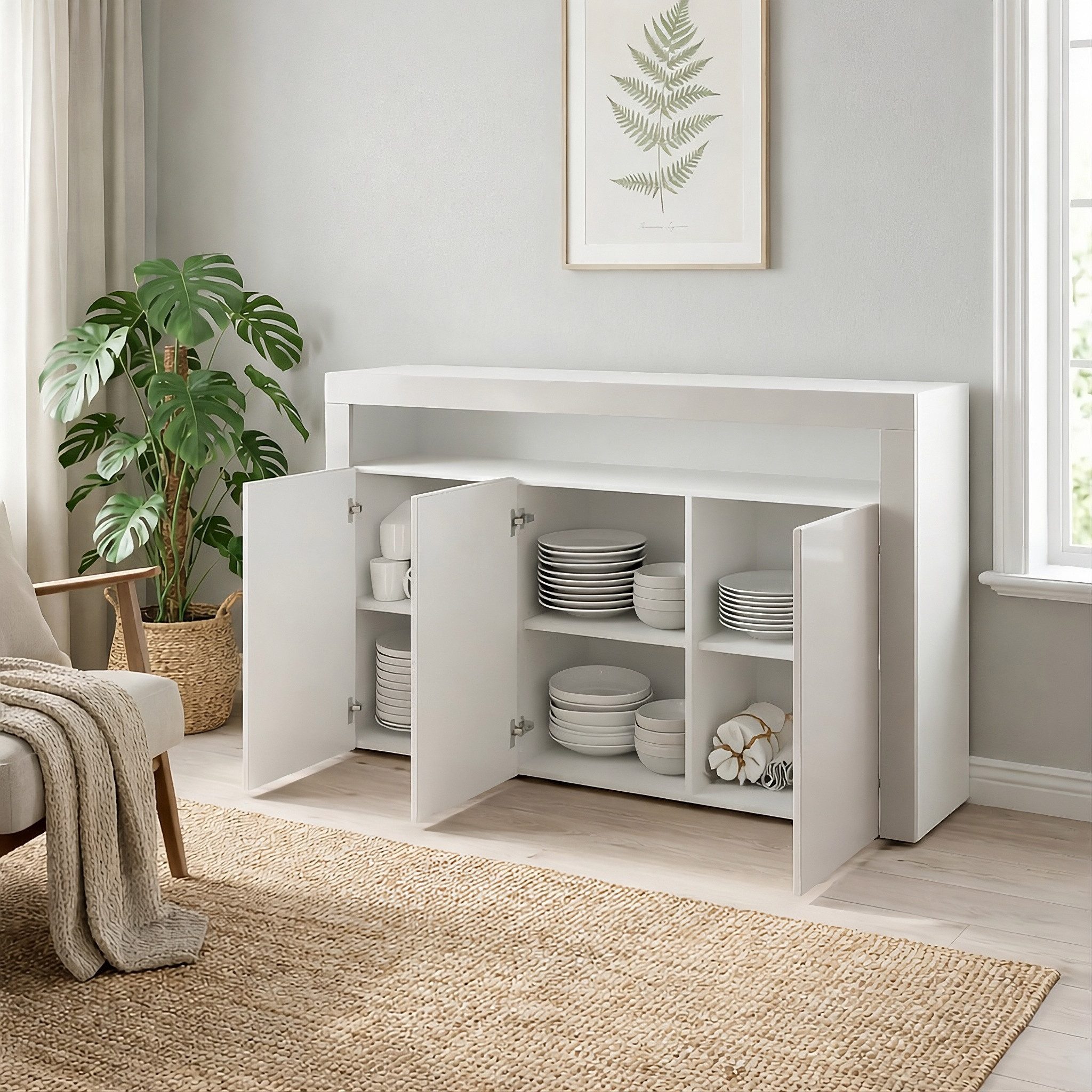 Vladon Sideboard Valencia (Sideboard, mit 3 Türen und 1 offenem Fach), Weiß matt/Creme Hochglanz/Creme Hochglanz (155 x 92 x 40 cm)