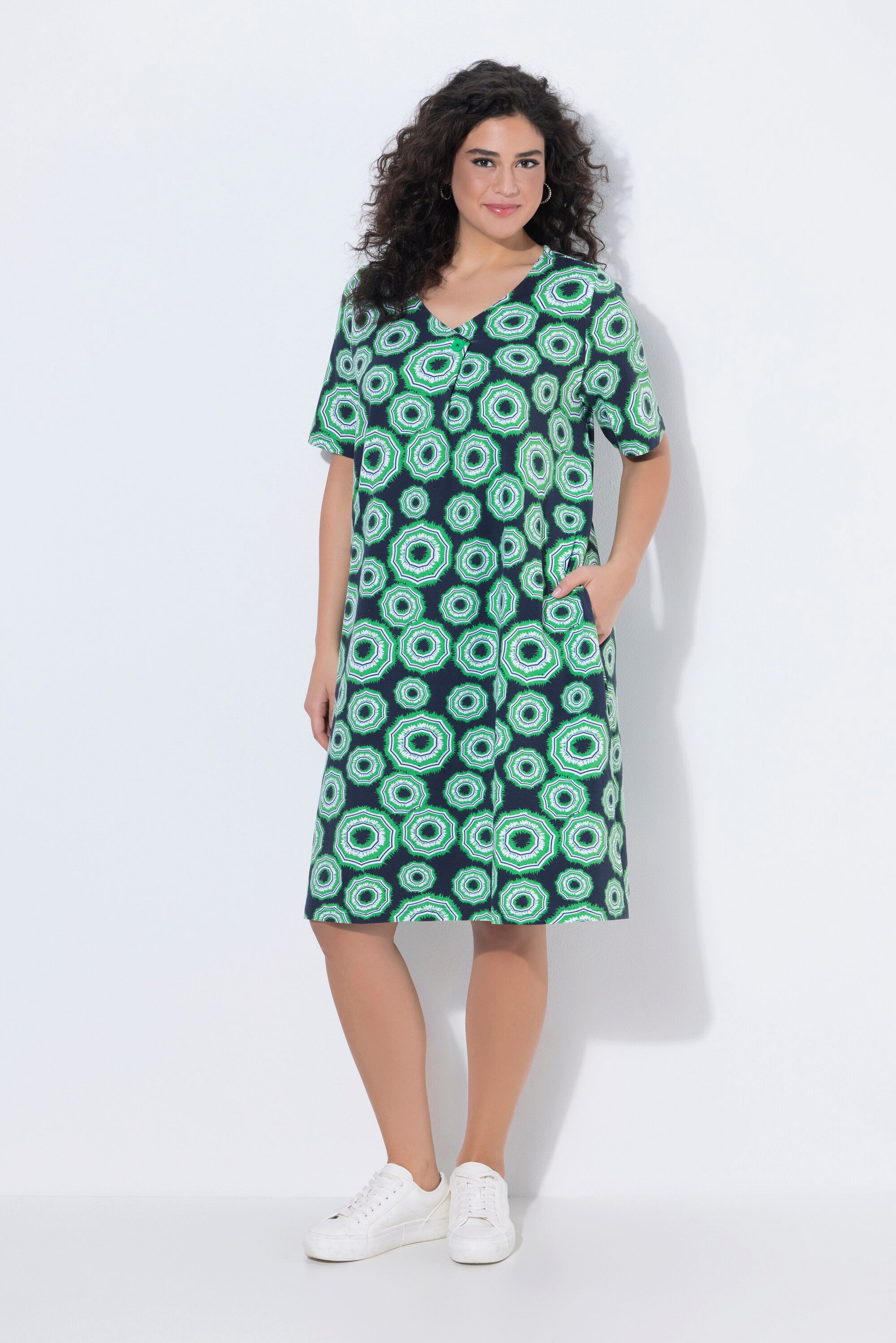 Ulla Popken Jerseykleid Jerseykleid Sonnenschirme V-Ausschnitt Halbarm