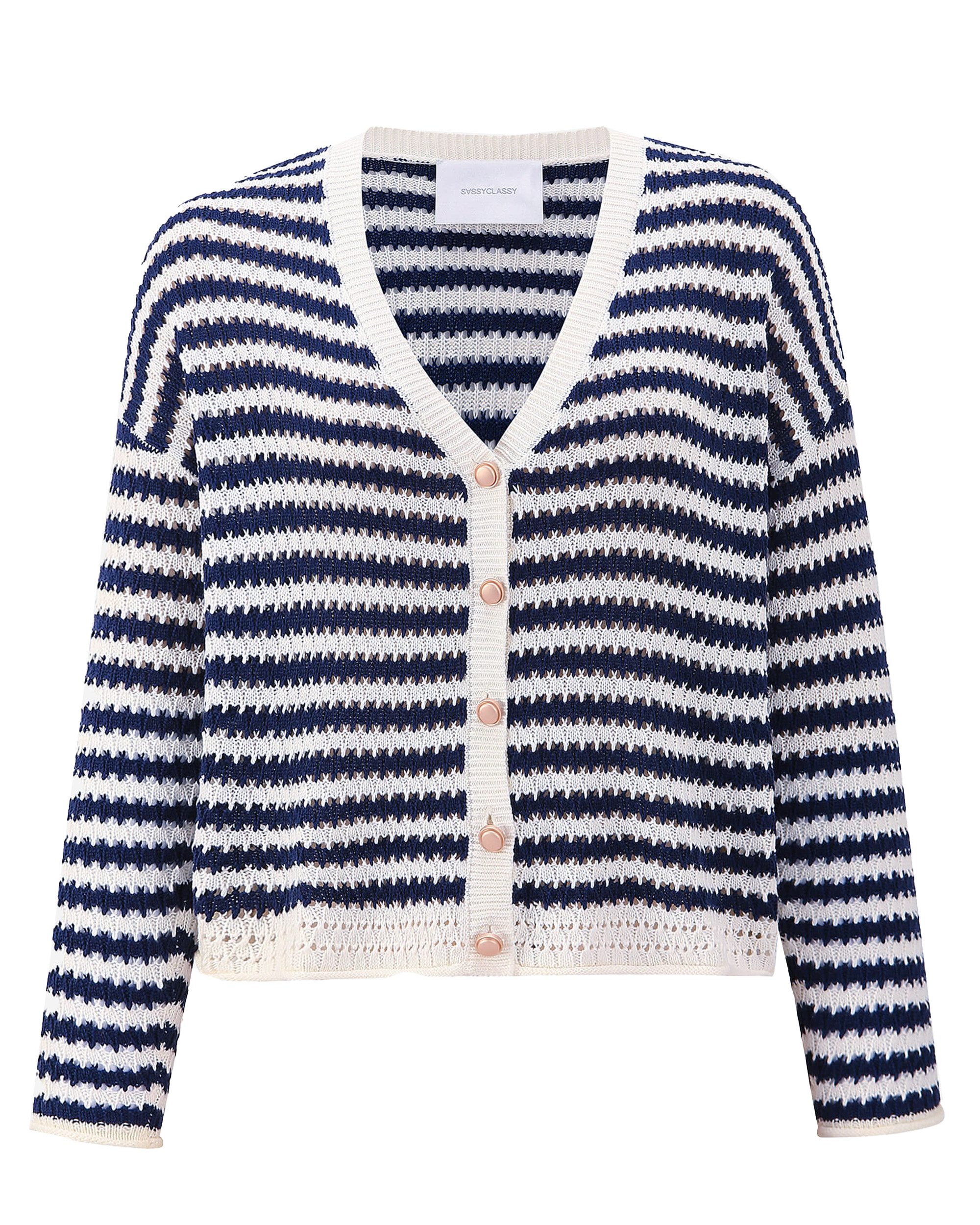 SASSYCLASSY Cardigan Oversize Strickjacke Damen mit Ajour Strick Lässiger Cardigan aus Grobstrick gestreift mit V-Ausschnitt Blau Rot