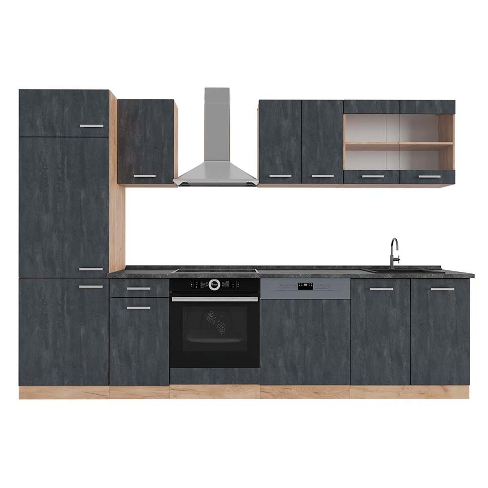 Vicco Küchenzeile R-Line, Schwarz Beton/Goldkraft Eiche, 300 cm AP Anthrazit
