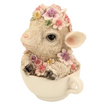 Online-Fuchs Gartenfigur süßes Lamm mit Blumen verziert in Tasse, (Polyresin), Maße des Tiers ca. 15 cm hoch und 11 x 10 cm breit, Schaf