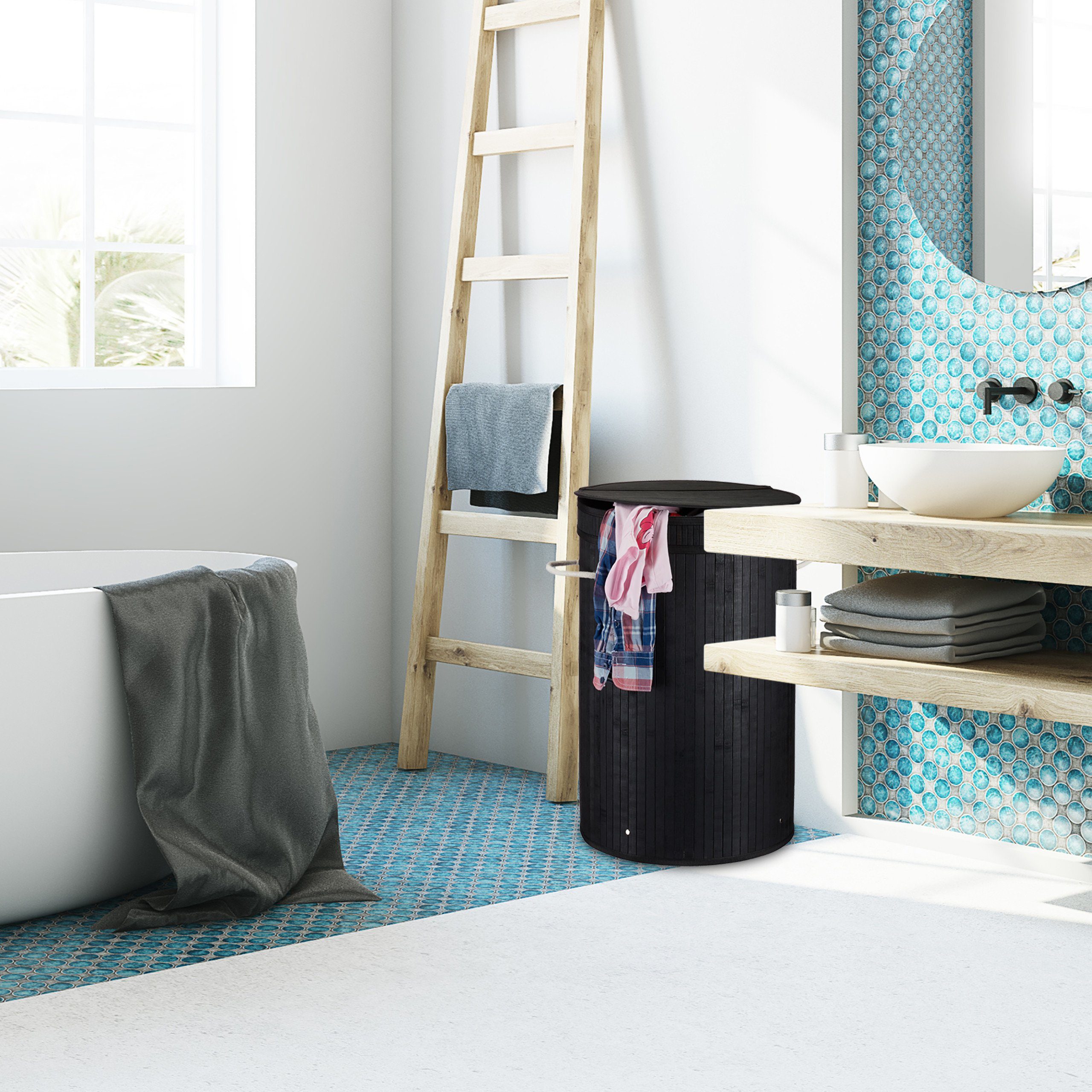 relaxdays Wäschekorb Bambus mit Klappdeckel, schwarz günstig online kaufen