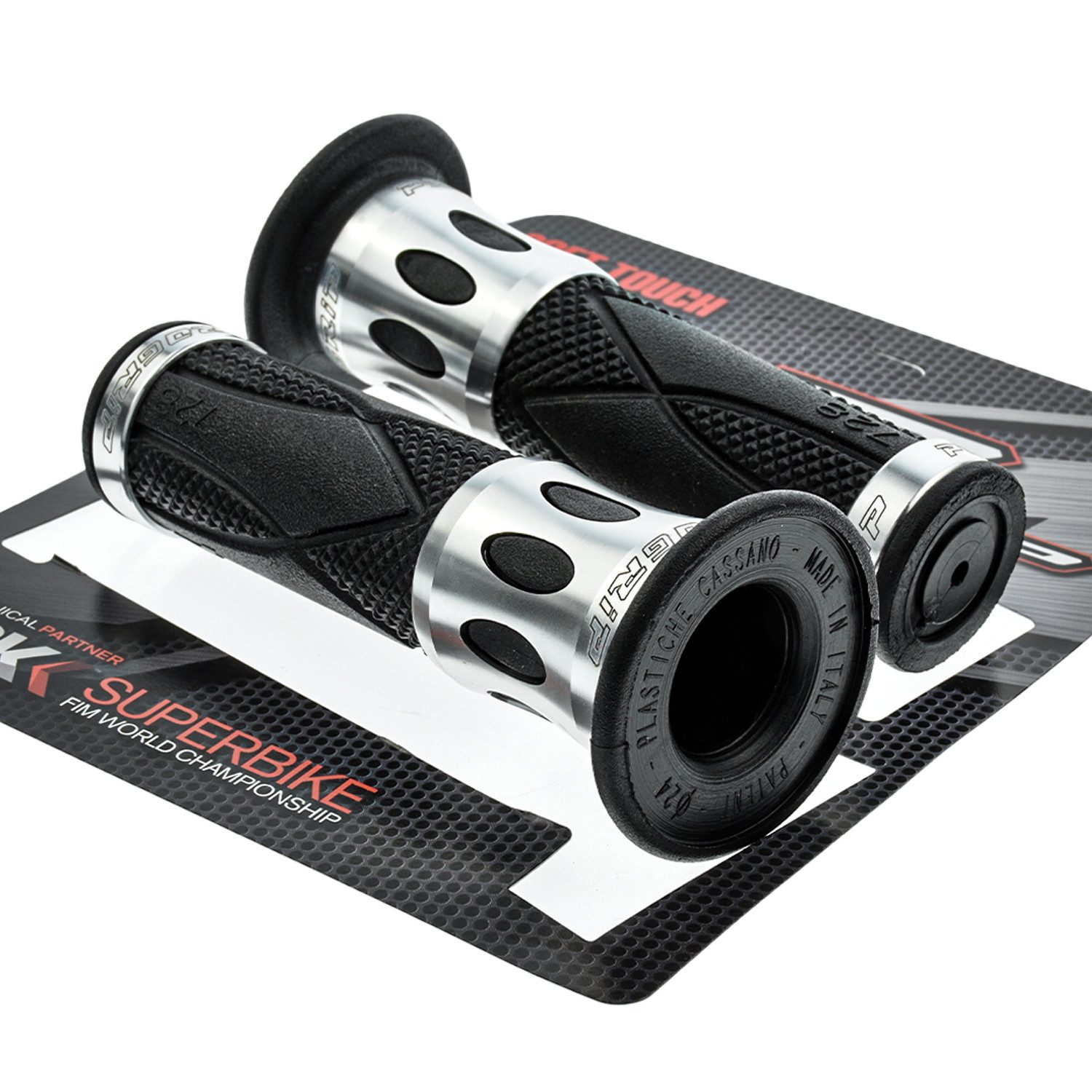 PROGRIP Fahrradlenkergriff Motorrad Lenkergriffe 728 Silber Schwarz Alu Gummi 22mm 25mm (Paar), für Motorrad, Roller, Scooter, Quad, Cross