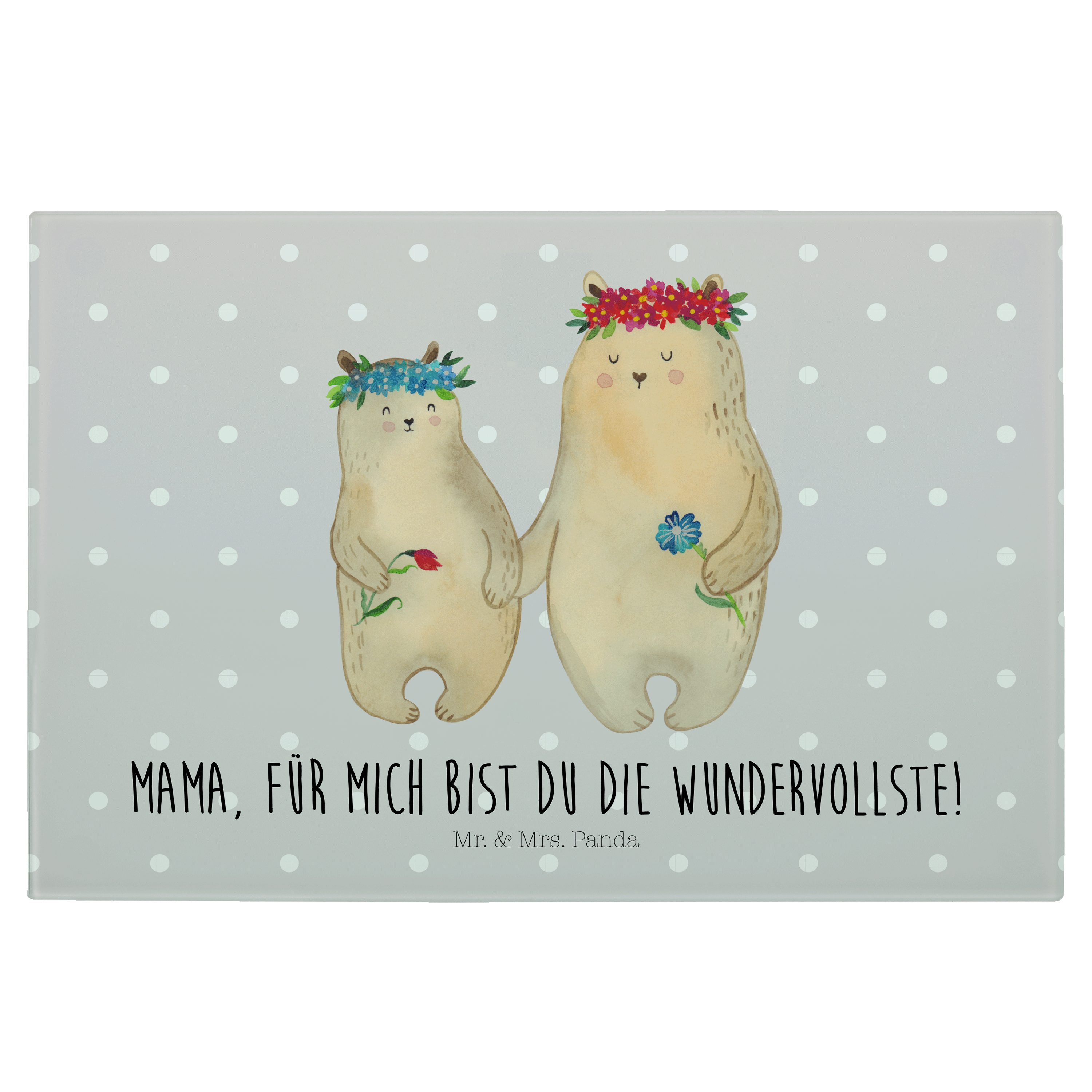 Mr. & Mrs. Panda Servierbrett Bären mit Blumenkranz - Grau Pastell - Geschenk, Vorbild, Muttertag, Premium Glas, (1-St)