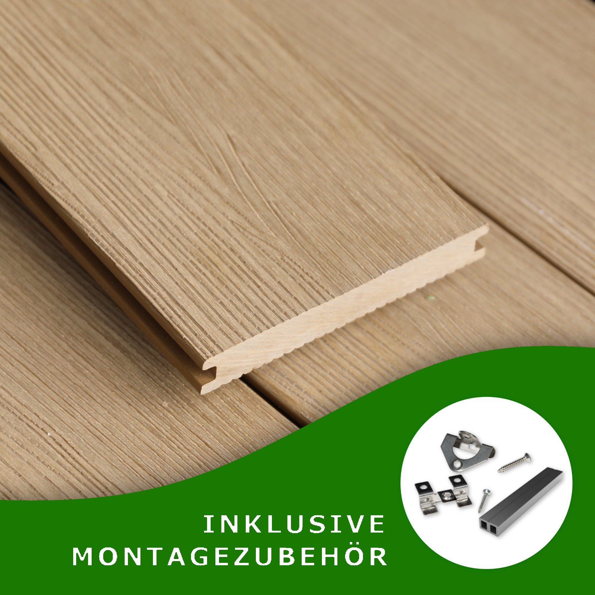 DeToWood Terrassendielen Terrassendielen Komplettset WPC Sand für Terrasse Garten wetterfest, 20,00 mm Stärke, (Komplettset, Rundum sorglos Paket), Montagezubehör Inklusive