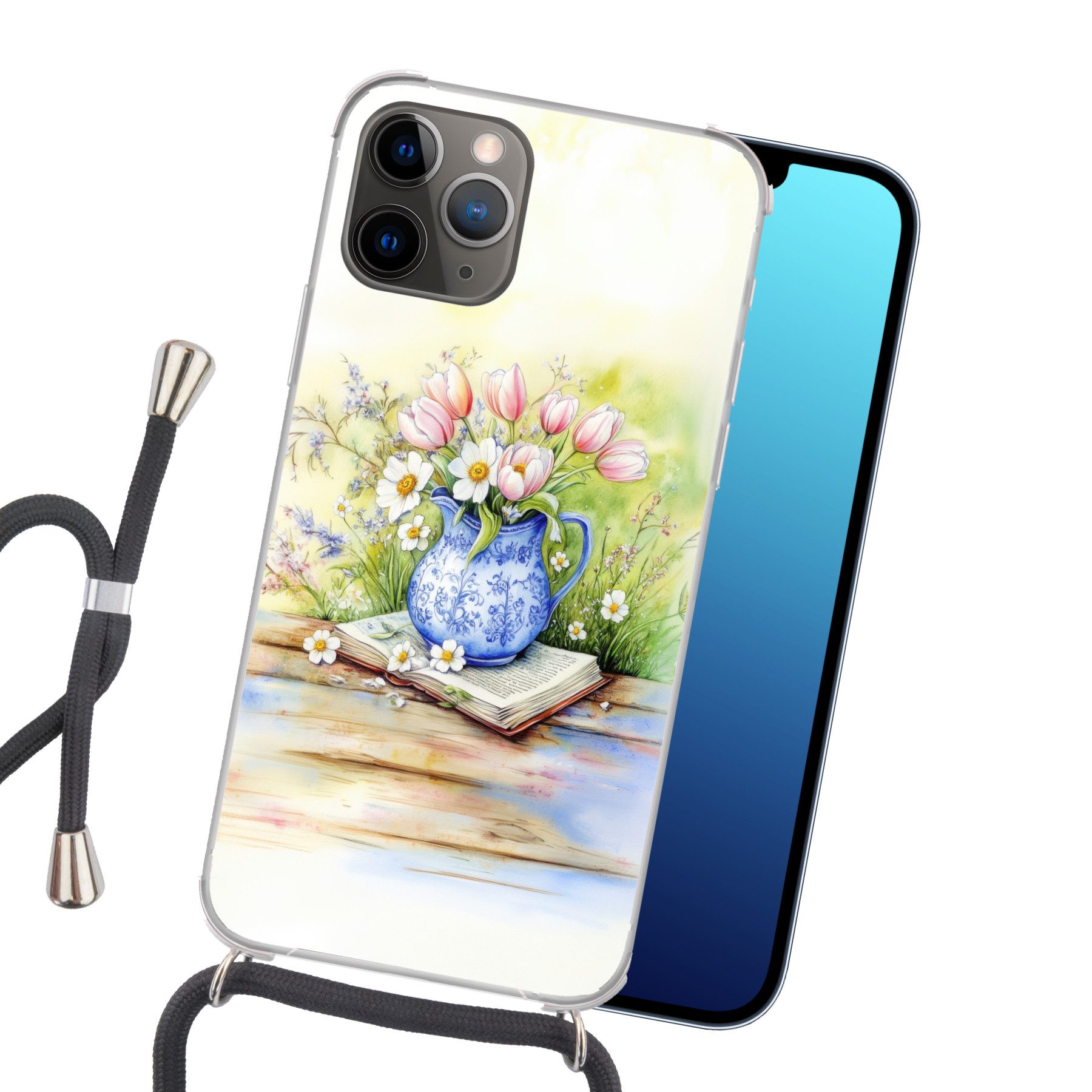 MuchoWow Handyhülle für Apple iPhone 13 Pro Max Vase - Delfter Blau - Gänseblümchen, Tragbare Handyhüllen mit Kette zum umhängen, Handykette Handyband