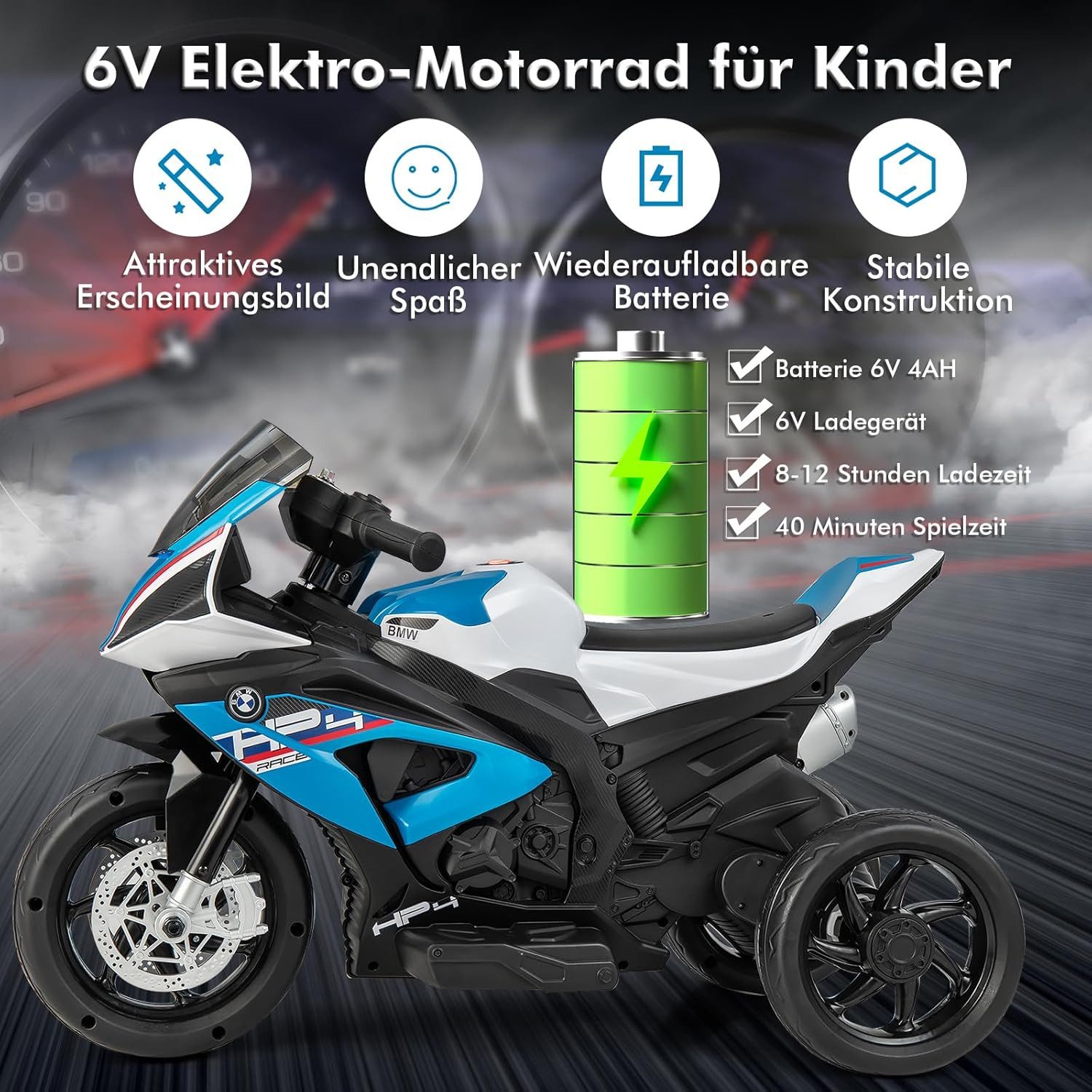 KOMFOTTEU Elektro-Kindermotorrad mit Musik & Scheinwerfer, für 3-8 Jahren, 3 km/h, bis 30 kg