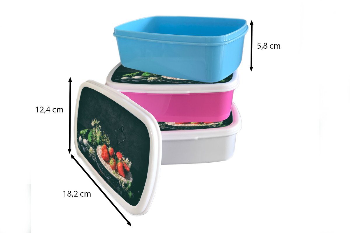 Mädchen Kinder und Brotdose, weiß Stillleben - und MuchoWow - - Erdbeeren Erwachsene, Teller, (2-tlg), für - Malerei Lunchbox Brotbox Blumen für Kunststoff, Ei - Jungs