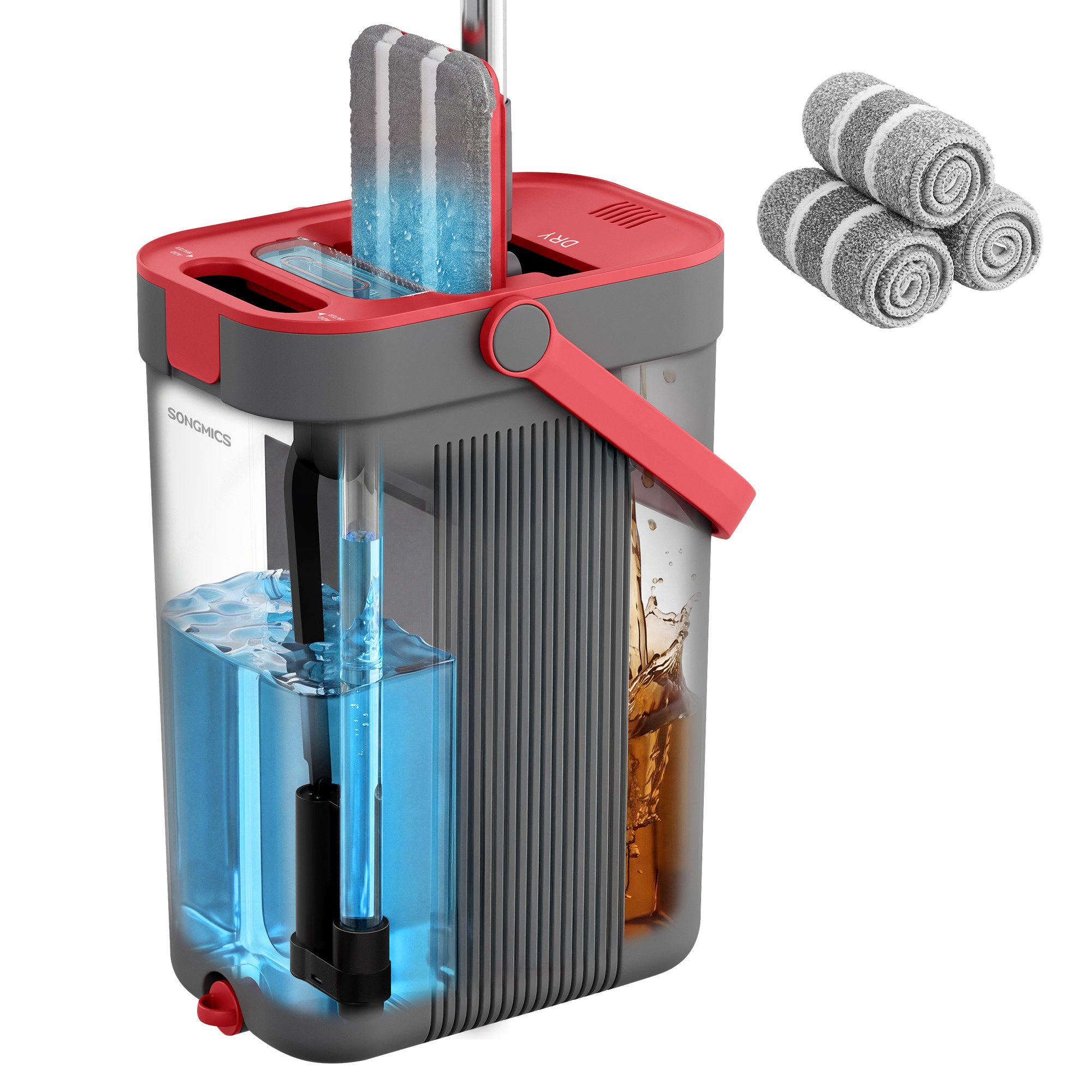 SONGMICS Wischmopp-Set mit Eimer, Bodenwischer, Trennung von Frisch- und Schmutzwasser, 3-Kammer-Eimer mit Abstreifer, 360°-Drehkopf, 3 Mikrofaserbezug