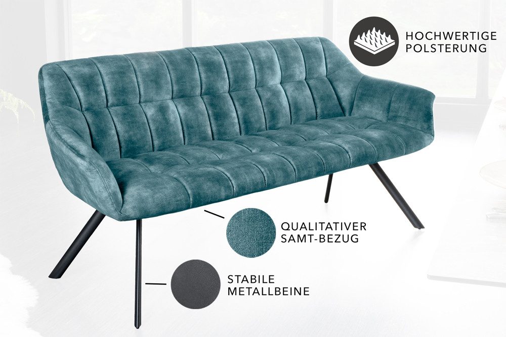 riess-ambiente Sitzbank PAPILLON 165cm petrol/schwarz - Samt, Metall-Füße, mit Armlehne (Einzelartikel, 1-St), gepolsterte Bank mit Rückenlehne – ideal für Esstisch, Küche & Flur