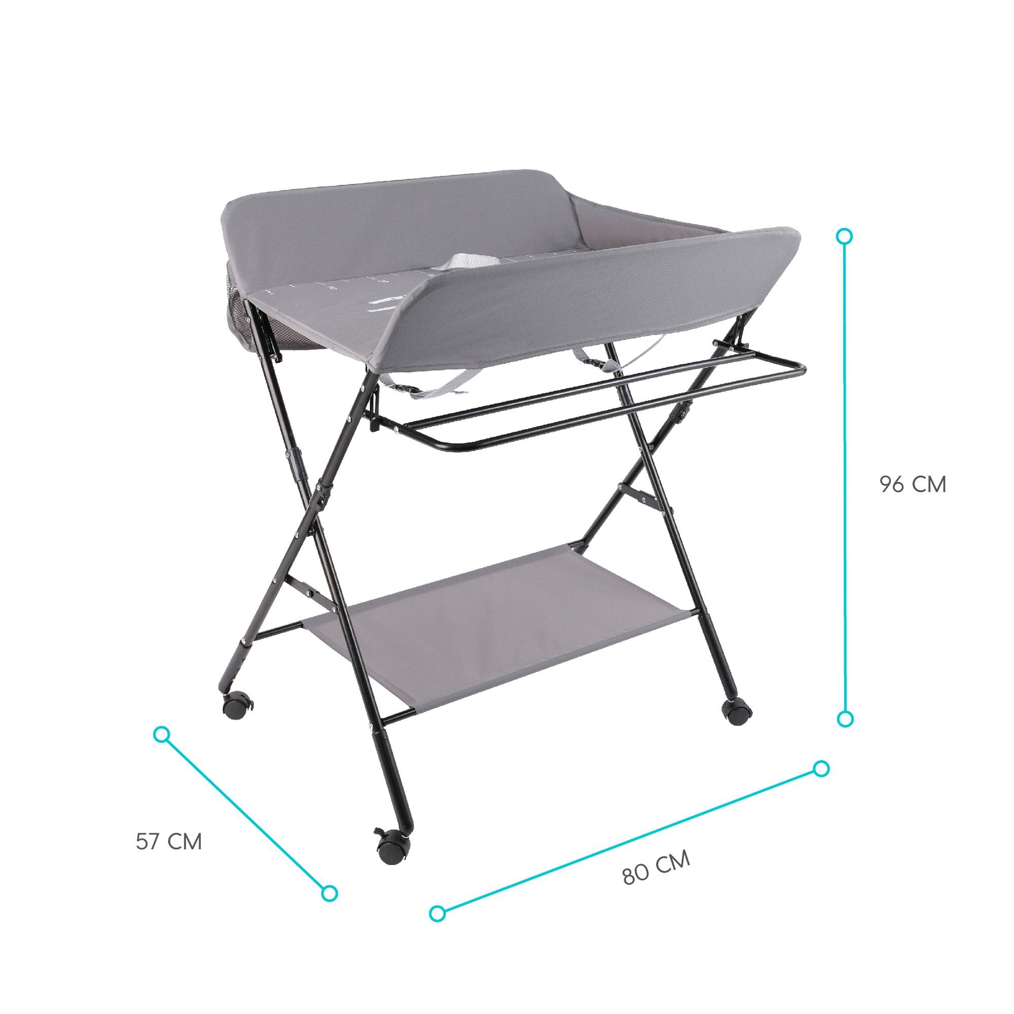 mit mobil Stauraum Mobile Wickelunterlage Melvin wuuhoo für Babys Stauraum, und höhenverstellbar mit/ohne Rollen viel grau I klappbar und Wickeltisch und Kleinkinder in