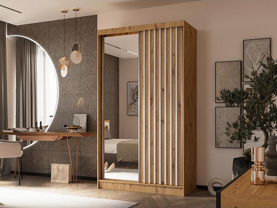 Beautysofa Kleiderschrank HELIX II mit Spiegel und Schubladen (Kleiderstange und funktionalen Stauraumlösungen, Moderner Garderobenschrank mit Lamellen) Schwebetürenschrank