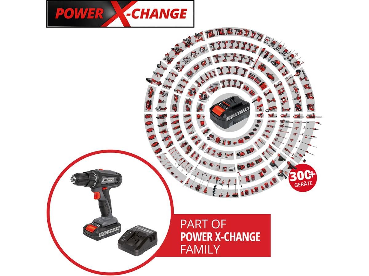 KRAFTIXX® Akku-Bohrschrauber KX-AS 18 Li Kit, 18 V, max. 1500 U/min, (Set, 3-tlg), inkl. 2,0 Ah Akku, kompatibel mit Einhell Power X-Change Akkusystem