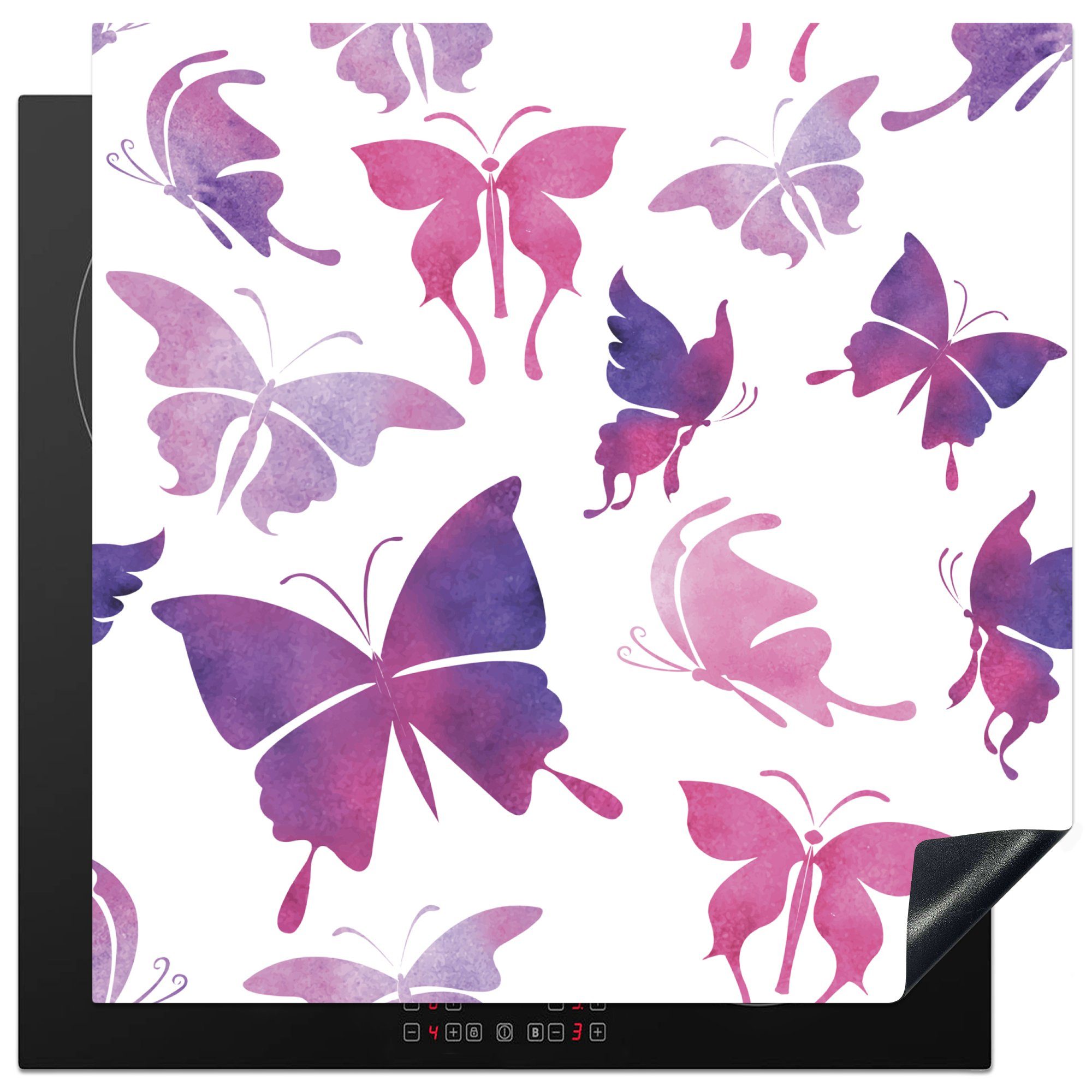 MuchoWow Herdblende-/Abdeckplatte Schmetterling - Farbe - Rosa - Lila, Vinyl, (1 tlg), 78x78 cm, Ceranfeldabdeckung, Arbeitsplatte für küche