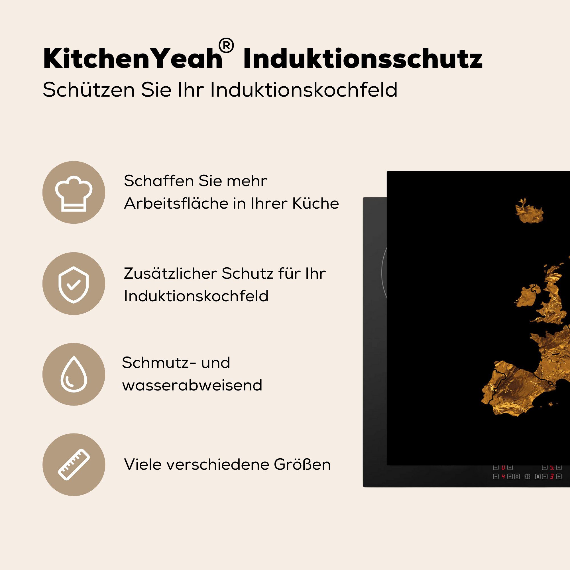 MuchoWow Herdblende-/Abdeckplatte (1 - Vinyl, Marmor für 81x52 Karte Ceranfeldabdeckung Schutz cm, Induktionskochfeld von - tlg), küche, Europa Gold, die