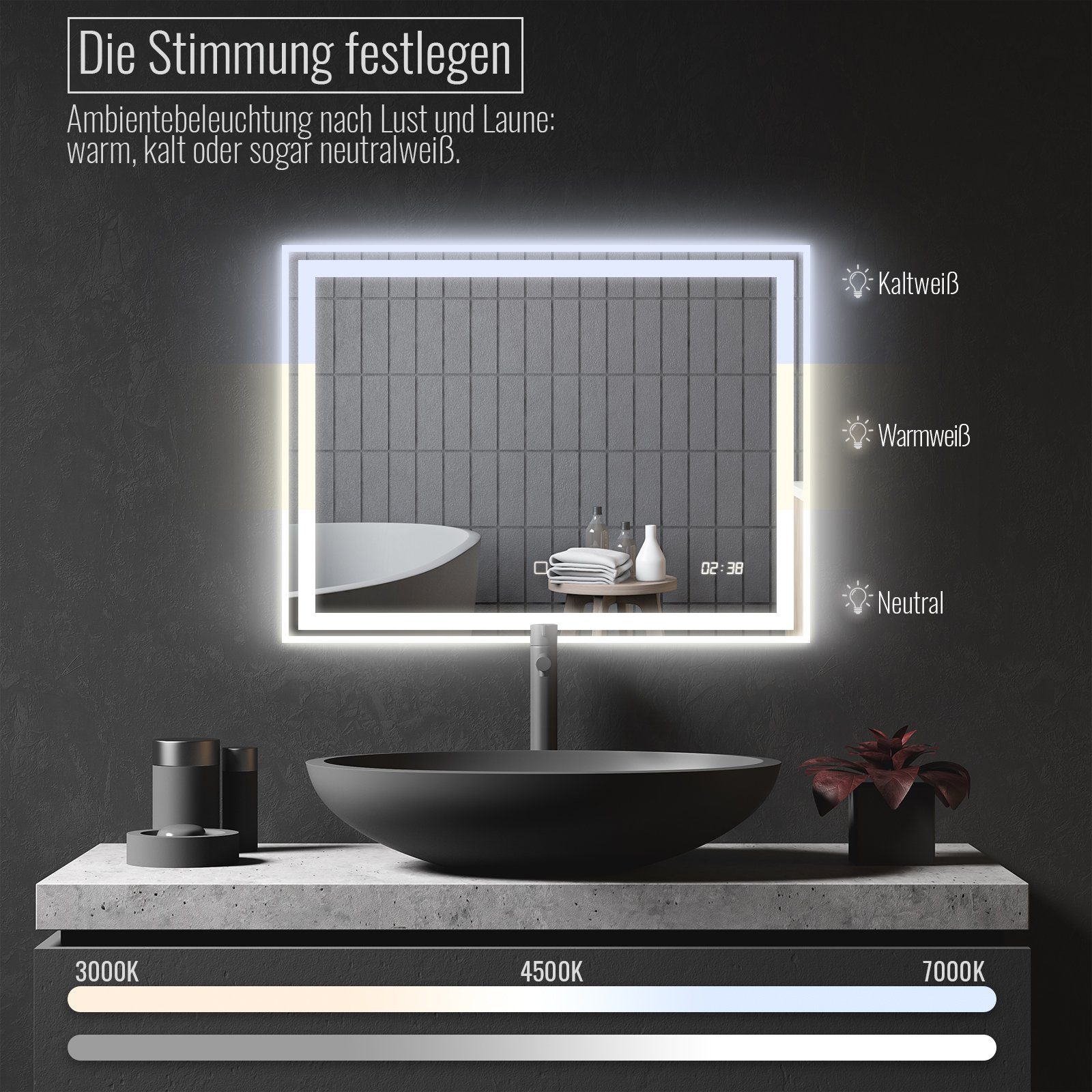 - Badspiegel 80 Beschlagfrei, LED Aquamarin cm Badspiegel Energiesparend, 60 x 3000-7000K Dimmbar,