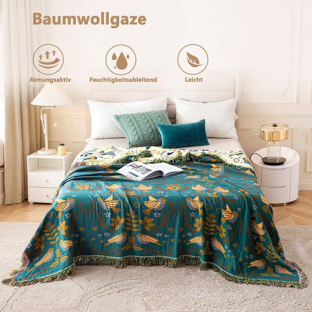 Diwzbyn Tagesdecke Boho Tagesdecke, Weiche Sommerdecke mit Vogel- & Blumenstickerei, Leichte Ganzjahresdecke für Bett, Sofa, Couch & Stuhl, Atmungsaktiv