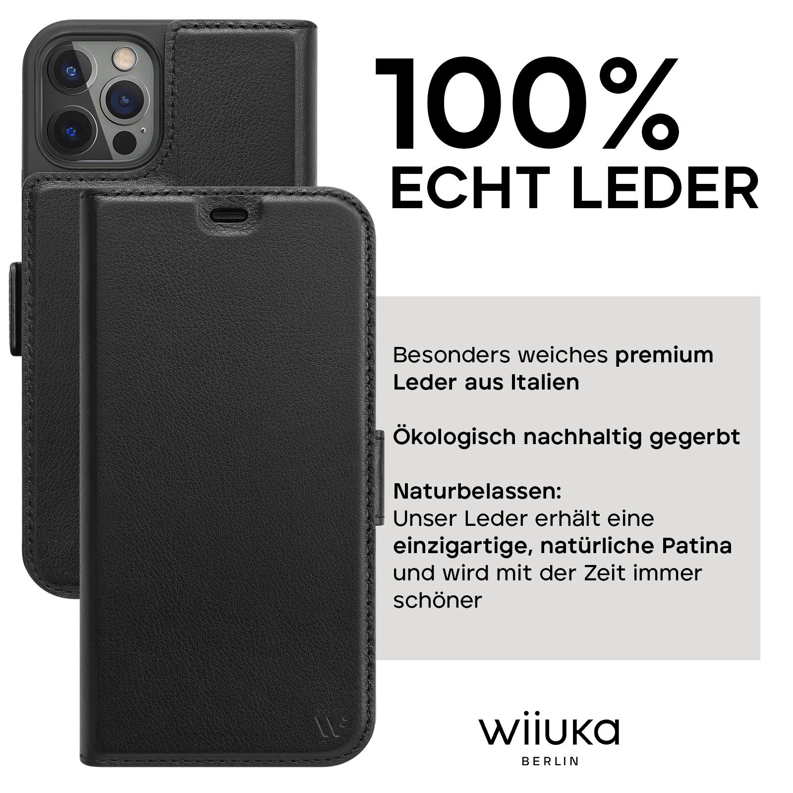 wiiuka Handyhülle suiit CARDS Hülle für iPhone 12 Pro Max, Klapphülle Handgefertigt - Italienisches Leder, Premium Case