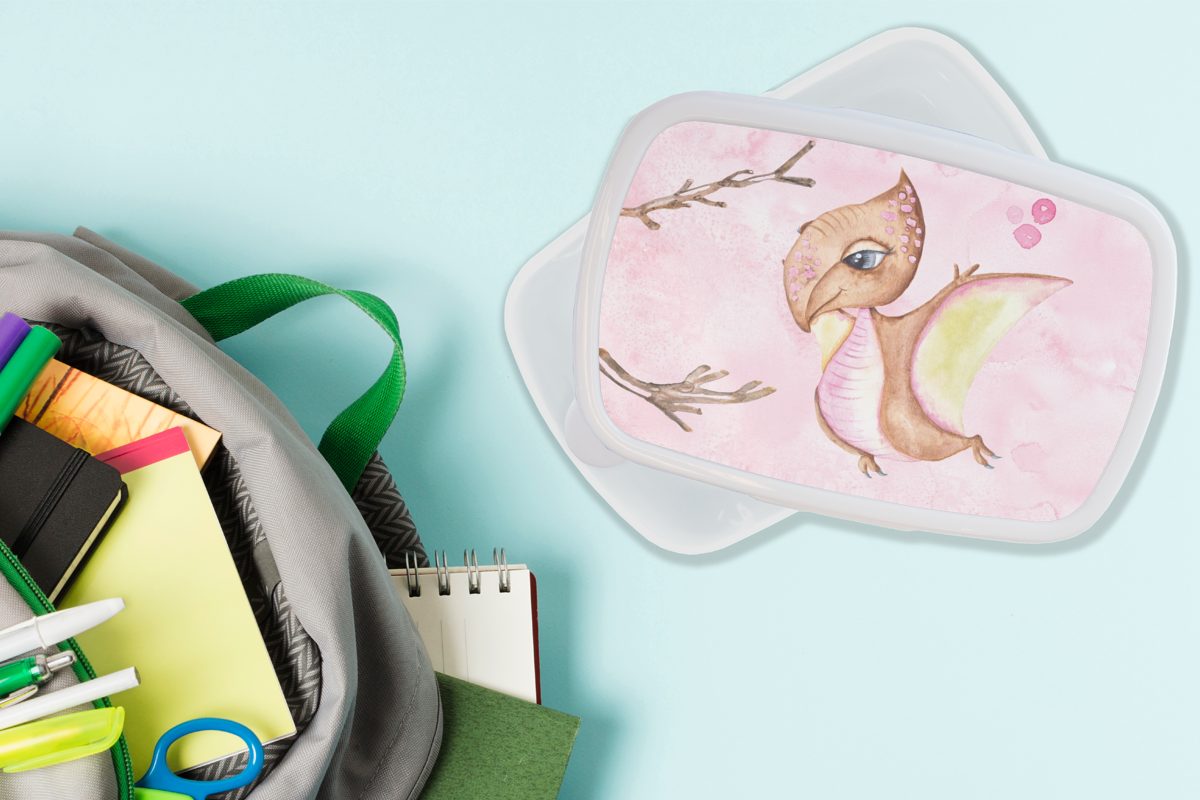 Kunststoff, und - - für weiß - Kinderzimmer Mädchen MuchoWow Erwachsene, (2-tlg), Brotbox - - Mädchen Kinder Rosa, Brotdose, für Jungs Zweige Dinosaurier und Lunchbox Kinder