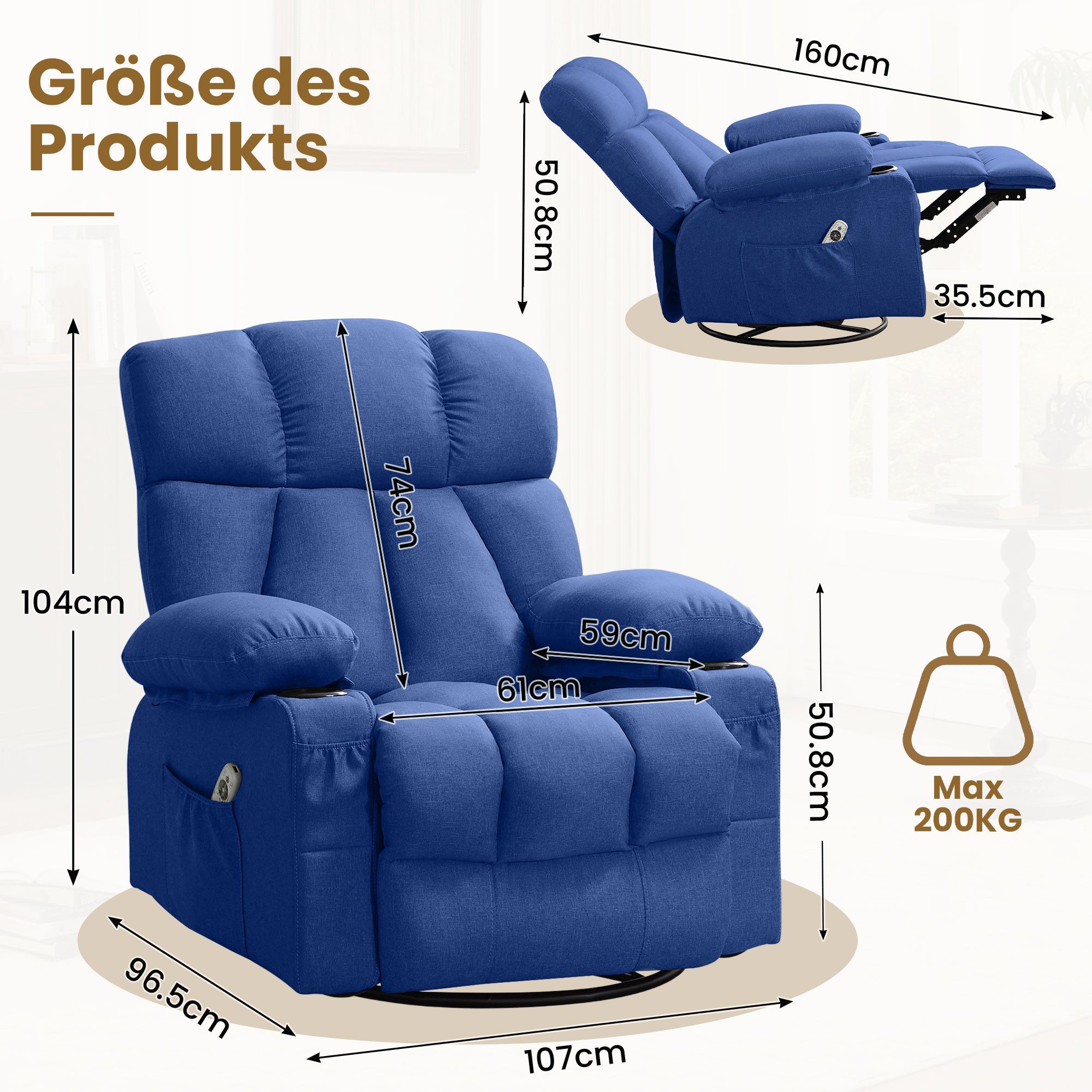 bosmiller Massagesessel Relaxsessel Elektrisch Fernsehsessel mit Liegefunktion (1-St), Oversize Massagesessel mit Wärmefunktion, blau – Bild 4 von 5