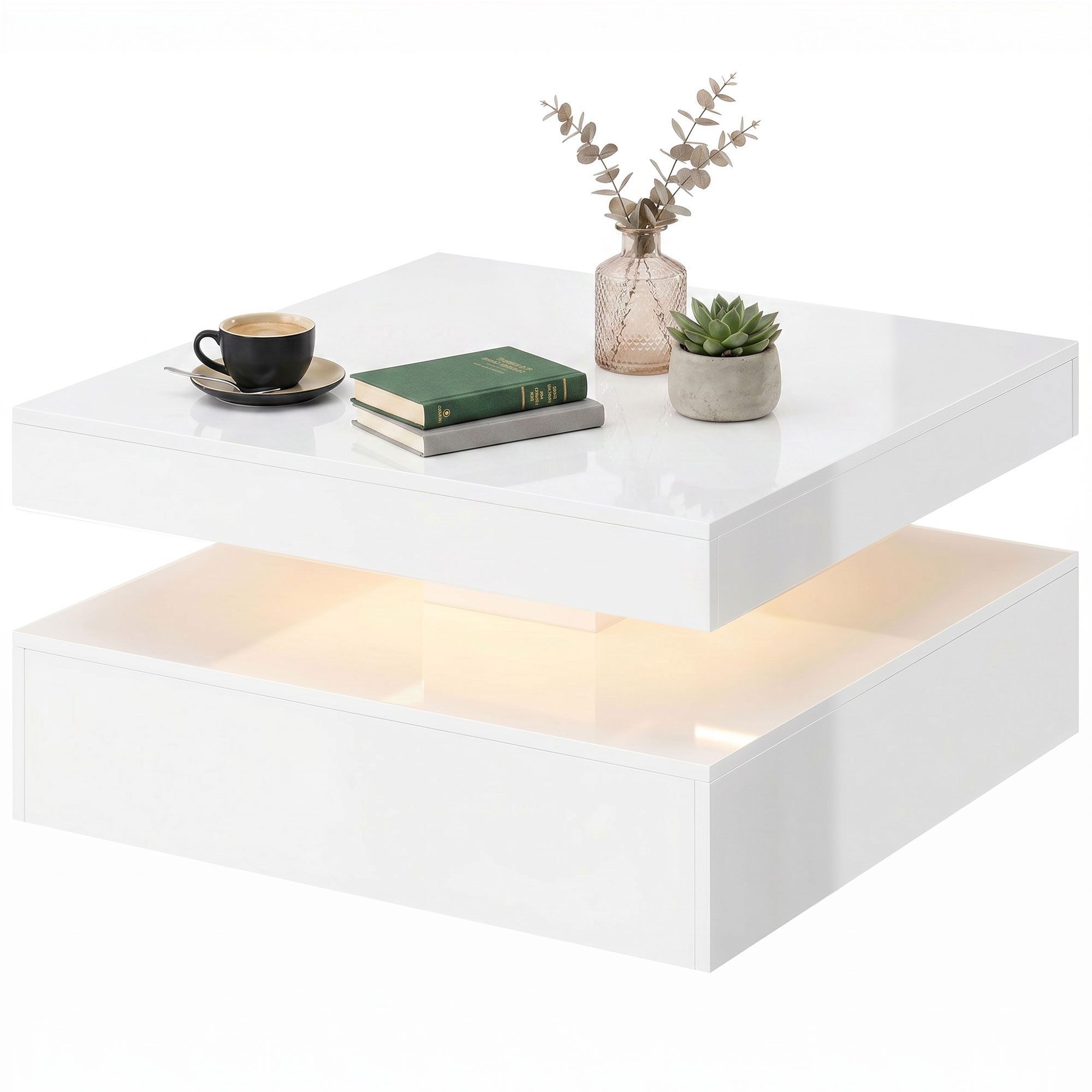 OKWISH Couchtisch 78x78x40cm LED Couchtisch mit Stauraum, Wohnzimmertisch modern, Weiß (Packung, 1-St., Hochglanz Weiß, Couchtisch für Wohnzimmer Einrichtung), 2-stufiges Design, offene Ablagefläche, Fernbedienung LED Steuerung