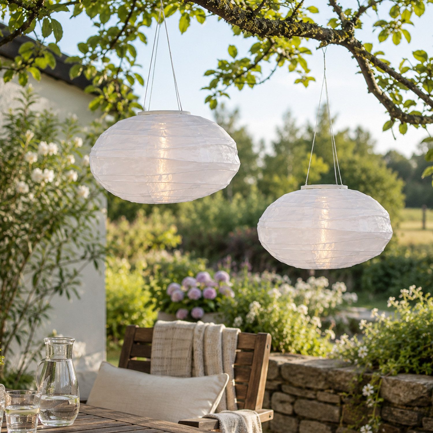 MARELIDA LED Lampion Solar Gartenlampions oval 35x19cm Party Balkon Laterne weiß 2er Set, LED Classic, warmweiß (2100K bis 3000K)