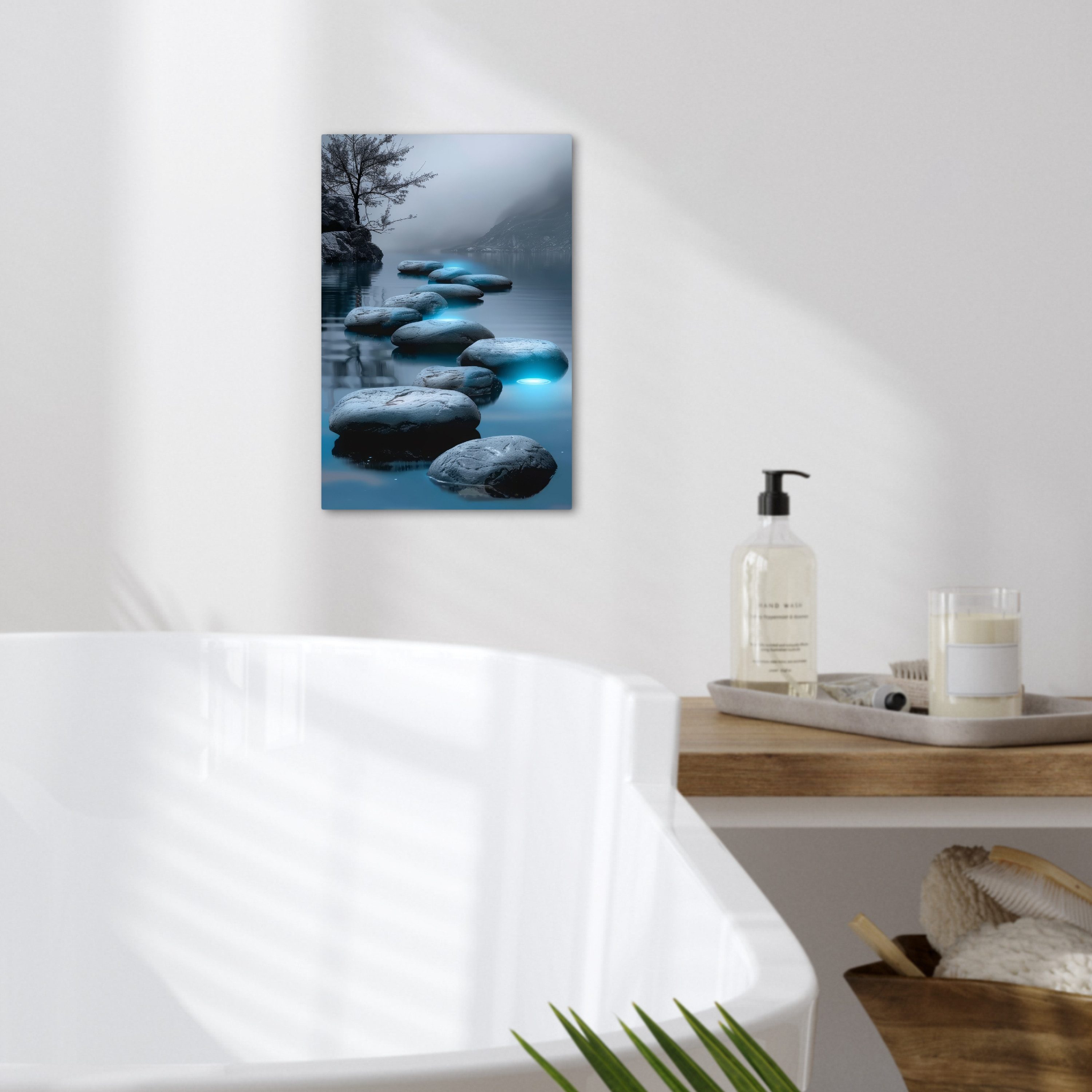 OneMillionCanvasses® Leinwandbild Steine - Wasser - Bäume - Natur, Fotodruck (1 St), Badezimmer Deko, Bilder WC, Toilette Wanddeko 20x30 cm