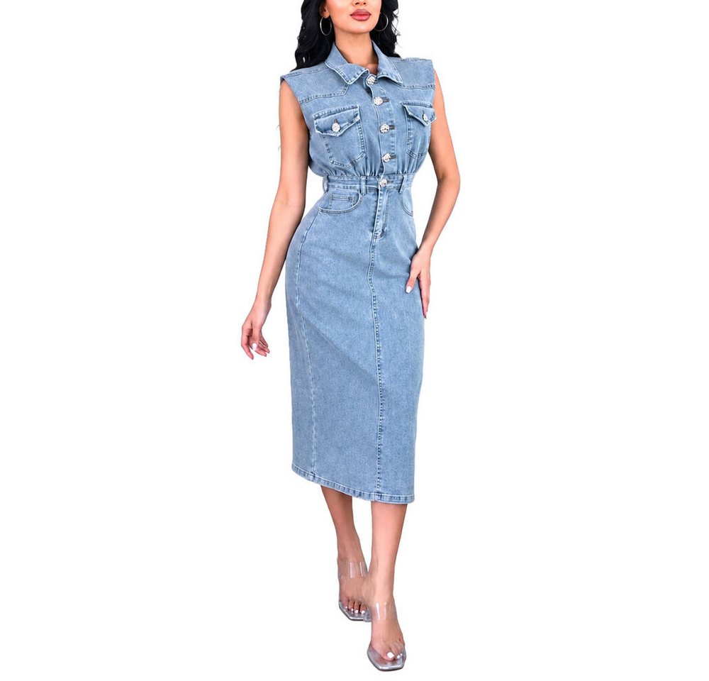 Ital-Design Jeanskleid Damen Jeanskleid Midi mit Gürtel und Knopfleiste (91978490) Used-Look Stretch Jeanskleid in Hellblau