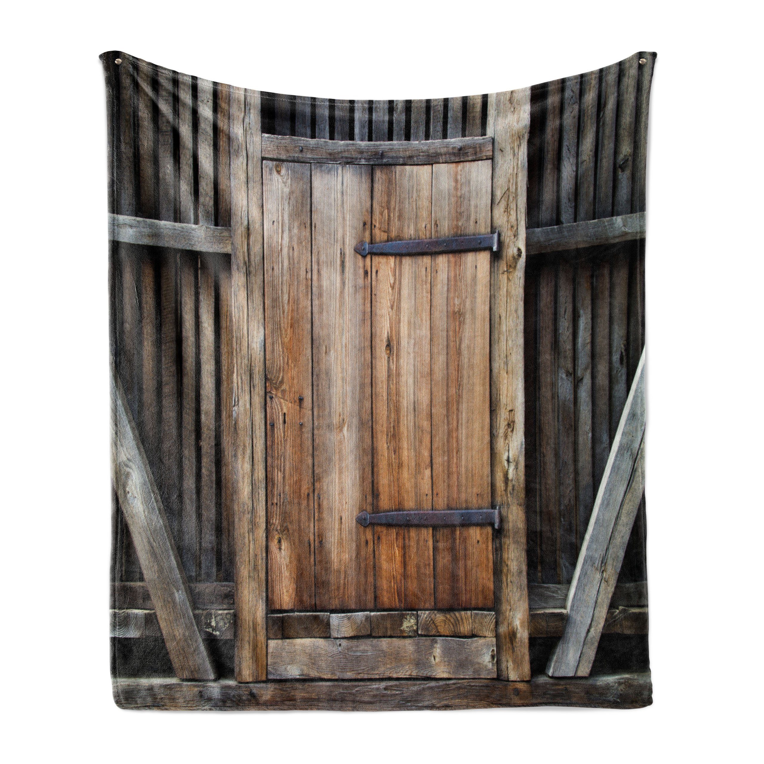 Wohndecke Gemütlicher Plüsch für den Innen- und Außenbereich, Abakuhaus, Antiquität Rustikale ländliche Holz Tür