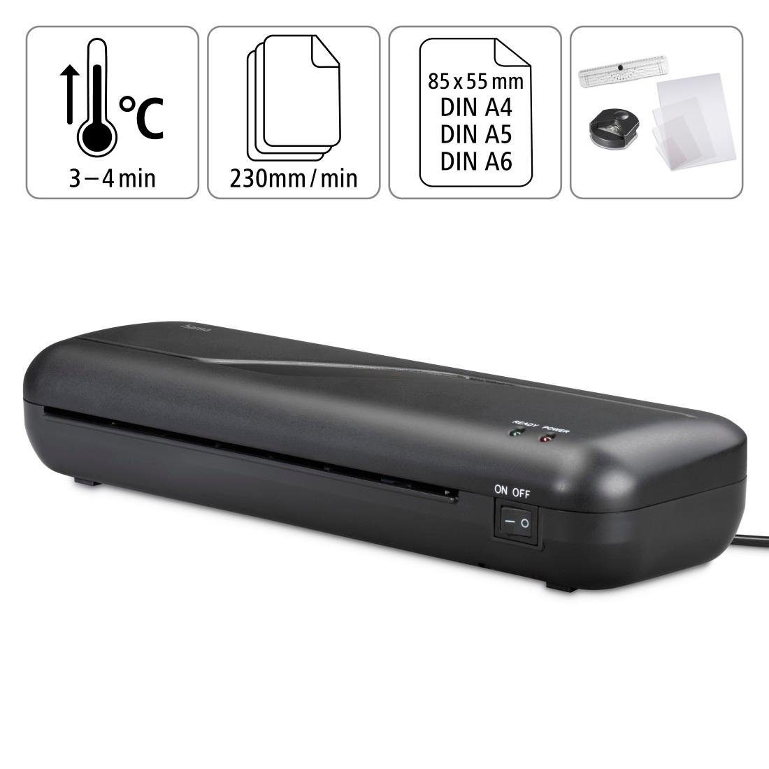 Hama Laminiergerät Laminator 4in1-Set für DIN A4, 2 Rollen, Tischgerät, schwarz, Mit Laminierfolien, Schneidlineal, Eckenrunder und Entriegelungstaste