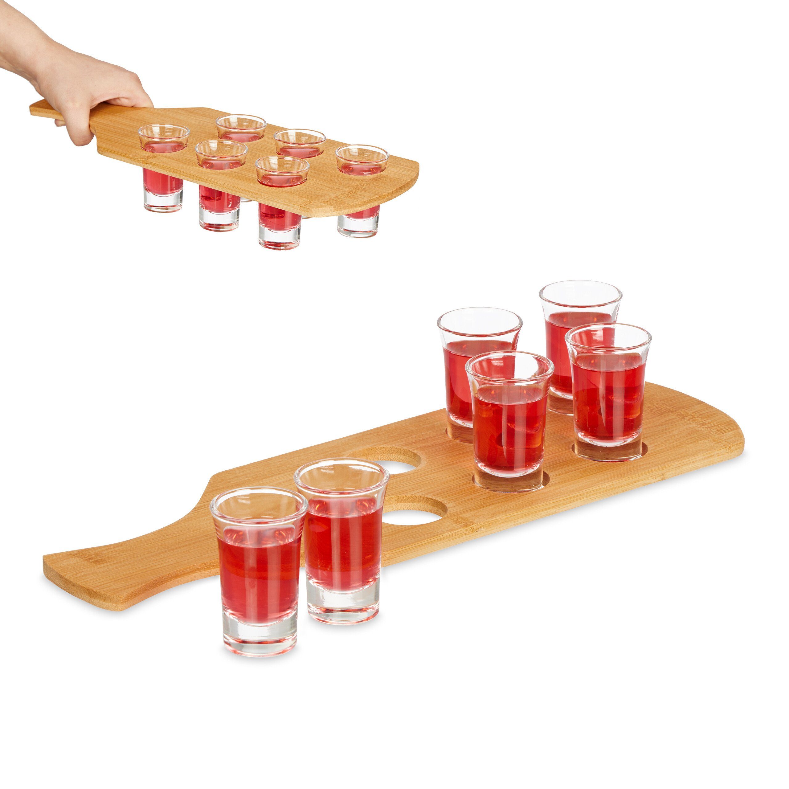 Tablett Schnapsbrett aus Bambus mit 6 Gläsern