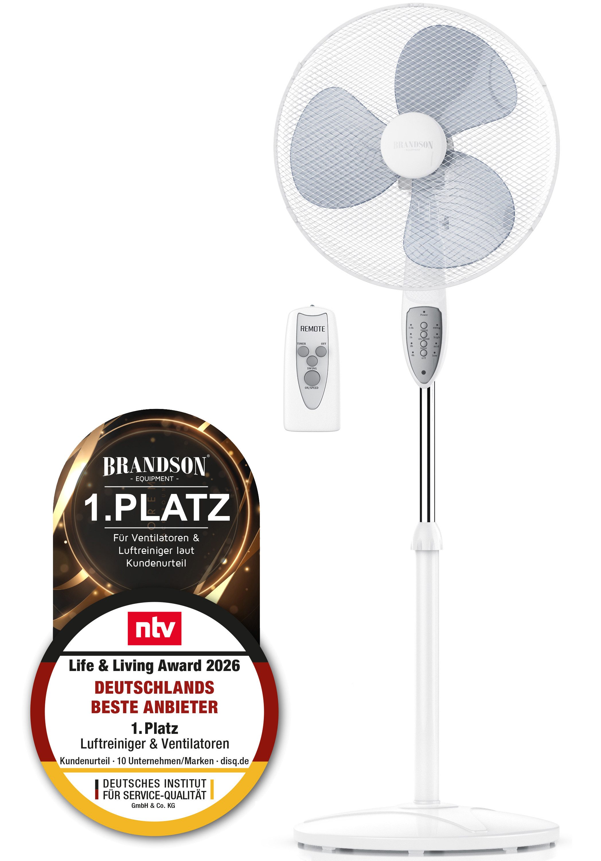 Brandson Standventilator Standlüfter mit Fernbedienung, Neigbar 30°, 50W, NTV Sieger 2026, 42 cm Durchmesser, Oszillation 80°, mobiler Lüfter, 3 Geschwindigkeitsstufen, GS-Geprüft