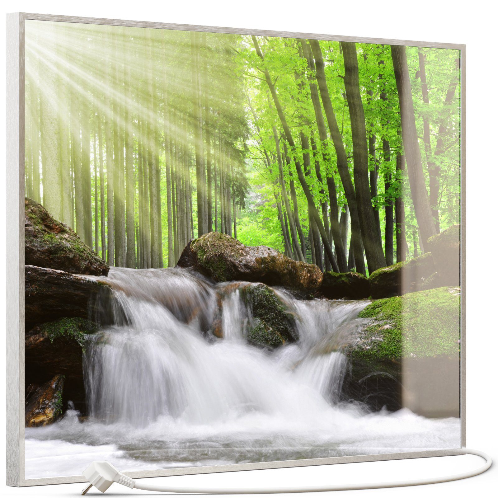 STEINFELD Heizsysteme Infrarotheizung, Glas Bild 350W-1200W, Inklusive Thermostat, 065 Wasserfall Wald Silber