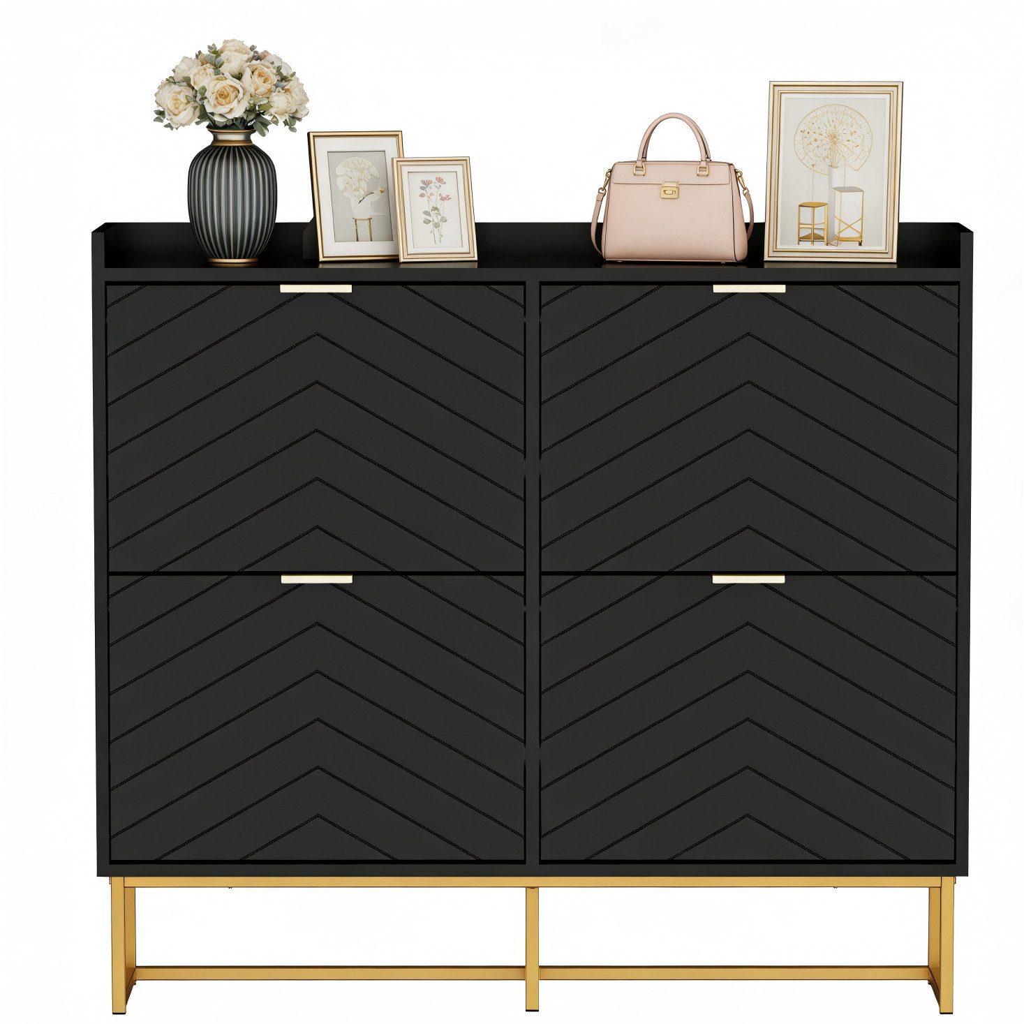 UEV Schuhschrank mit 4 Klappen, Schuhkipper Schmal, Schuhregal mit Metallfüße (Packung, Modern Schuhaufbewahrung mit Oberplatte Schuhkommode mit Kippsicherung) trennwände verstellbar und abnehmbar für verschiedene Schuhtypen