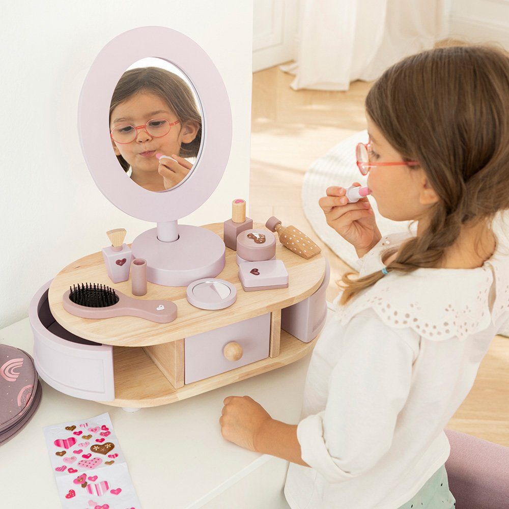howa Schminktisch, für Kinder aus Holz mit 8 tlg. Zubehör aus Holz und Herzaufklebern