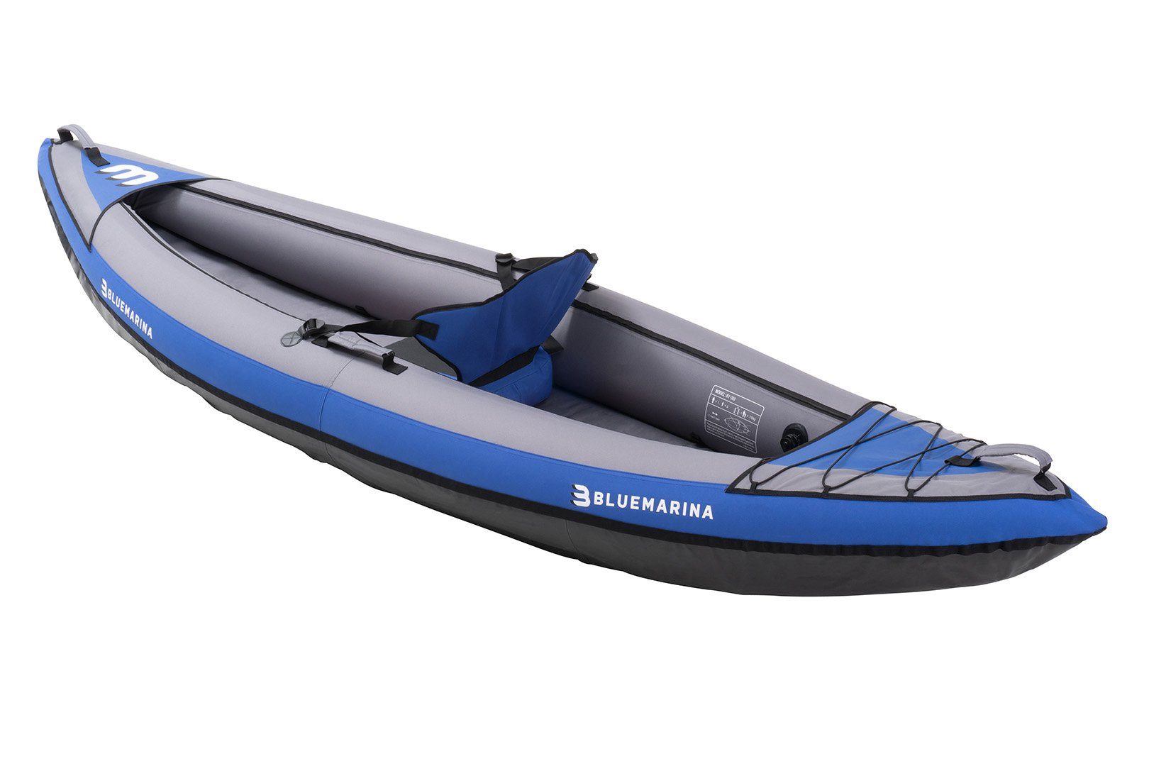 Bluemarina Kanu Aufblasbares Kajak Samoa 1 Sitzer, (bis 110 kg - robuste Finnen - 4 Tragegriffe - Fußpumpe - Transporttasche, 3-St., Luftkajak mit Paddel), Kajak - Kayak - Kanu - Schlauchboot - Angelboot