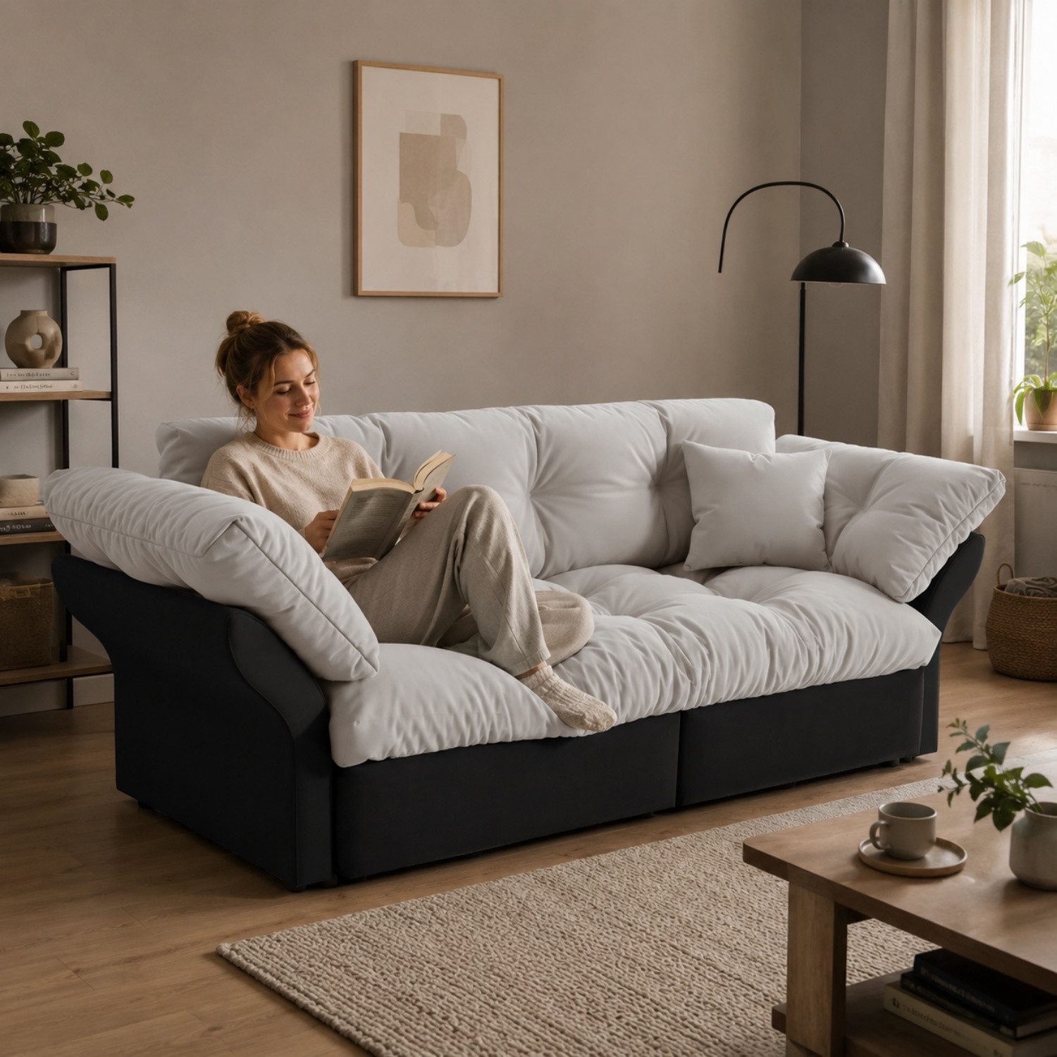 ANYSUN Schlafsofa Sofa 3-in-1, 2-Sitzer Ausziehsofa mit Schlaffunktion, mit 2 Kissen, Liegefläche 154 x 203 cm, Chaiselongue & Bettfunktion, Stahlrahmen, Multifunktionelles Velourssofa-Bett für Gästezimmer und Wohnzimmer
